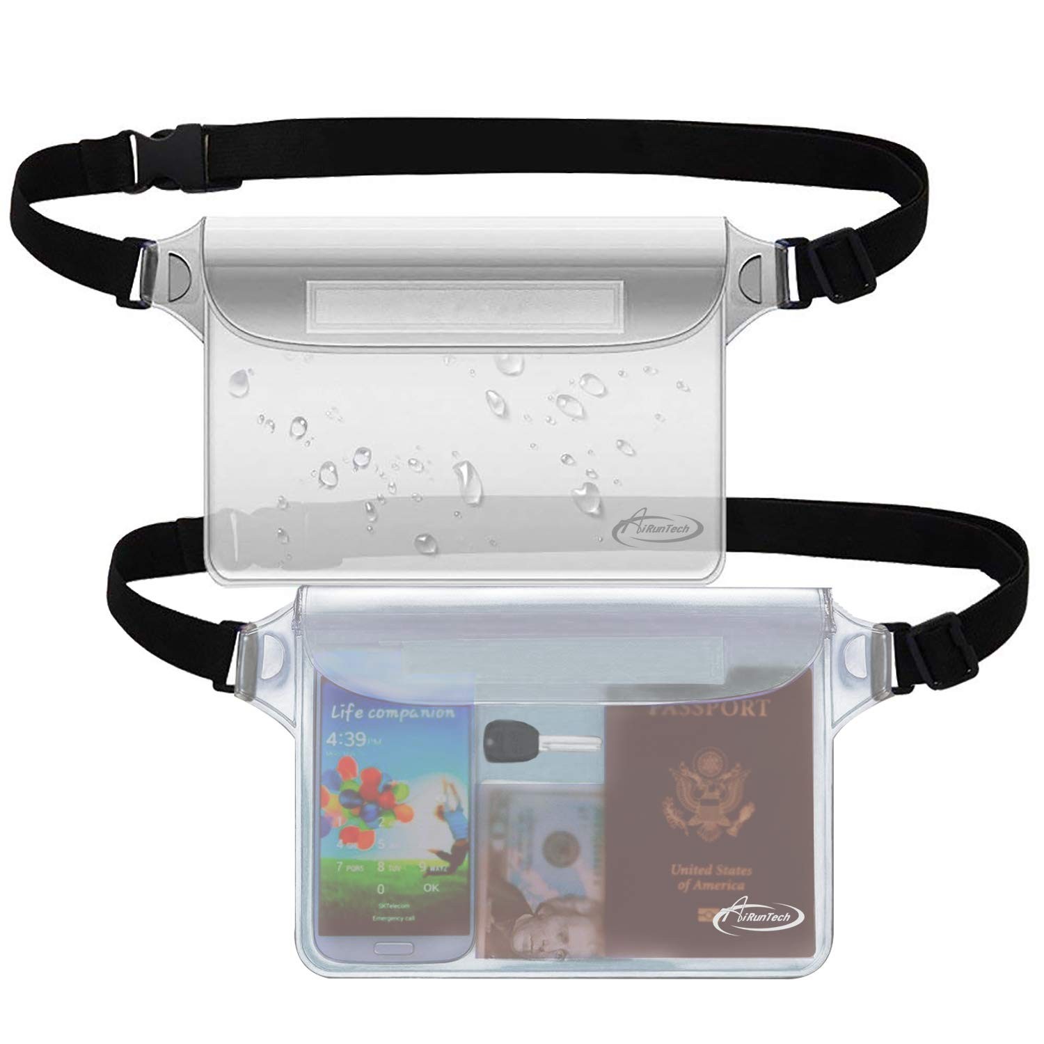 AiRunTech Waterproof Pouch with Waist Strap 2 pack fanny pack, Clear +