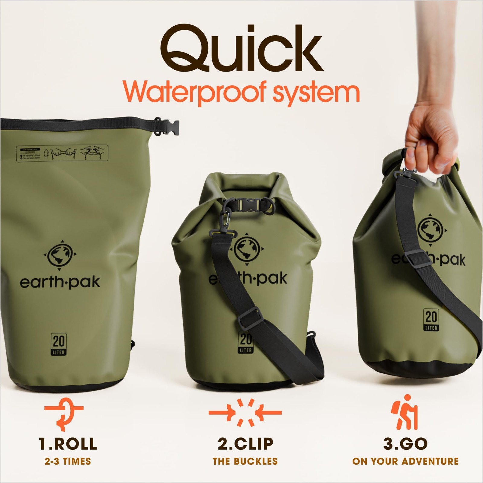 Earth Pak Waterproof Dry Bag – Roll Top Backpack 5L, Forest Green