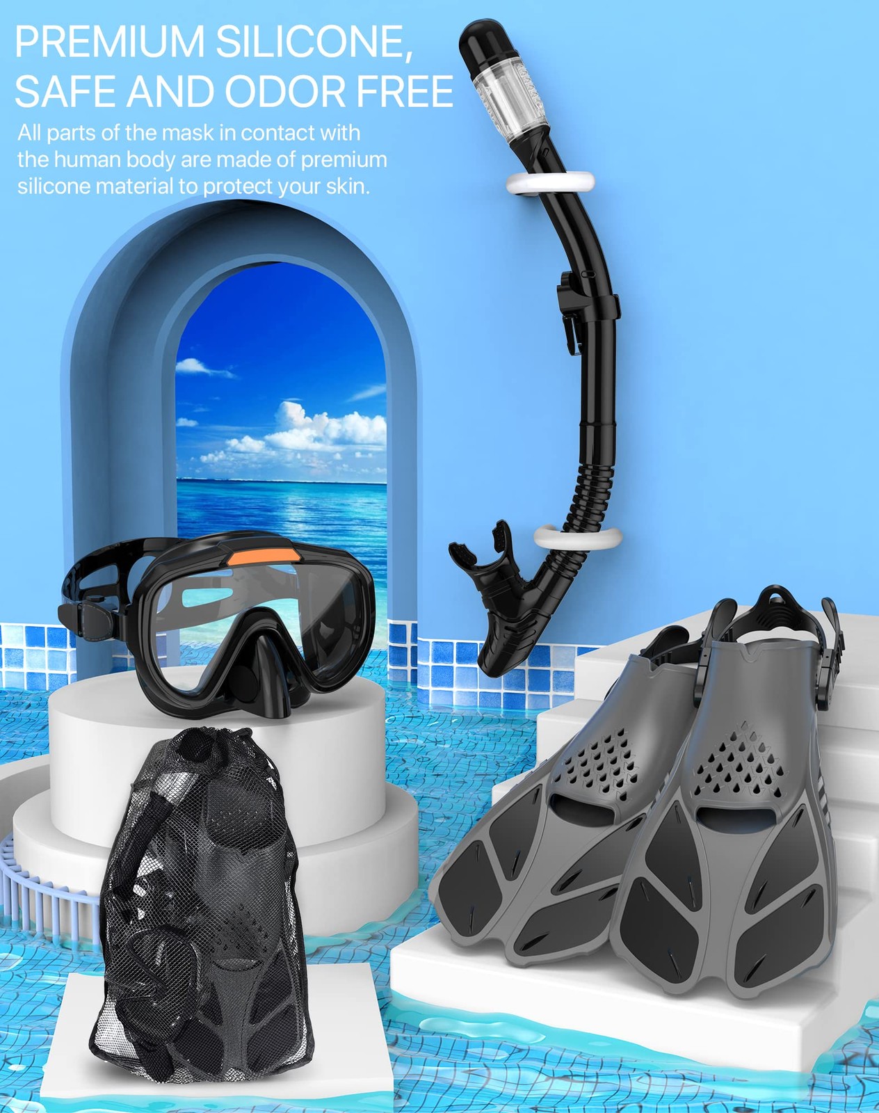 Ubekezele Snorkeling Gear for Adults Men Women,4 in 1 Snorkel ML/XL, BLACK