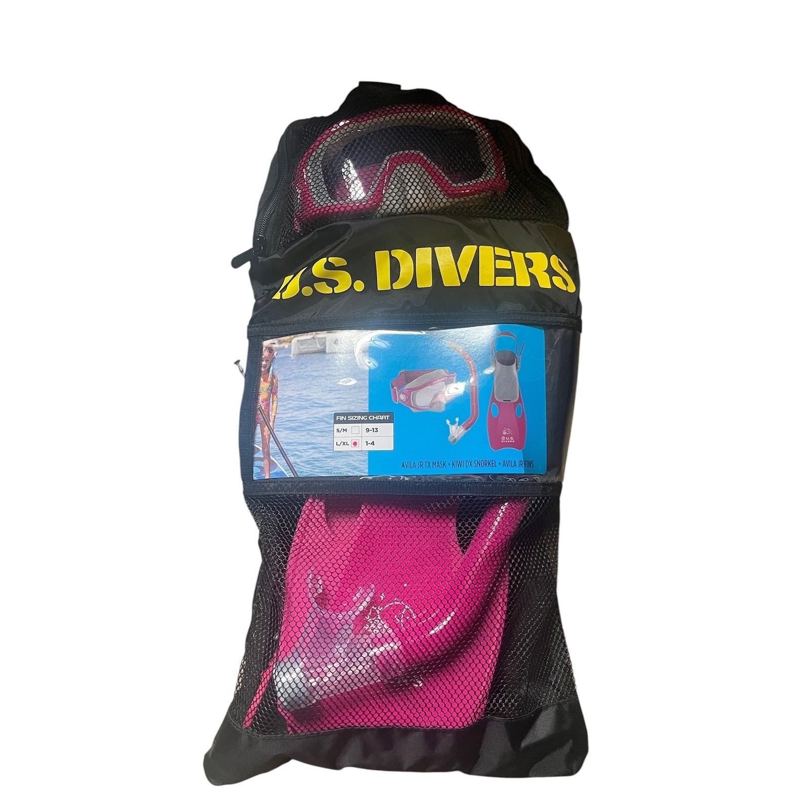 US Divers Junior Snorkeling Set Pink Avila Jr Mask Kiwi DX Snorkel Fins L/XL 1-4