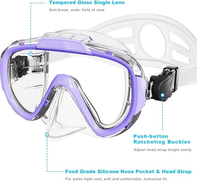 Zipoute Snorkel Dry Top Snorkeling Gear for Adults Panoramic Anti-Leak – PURPLE