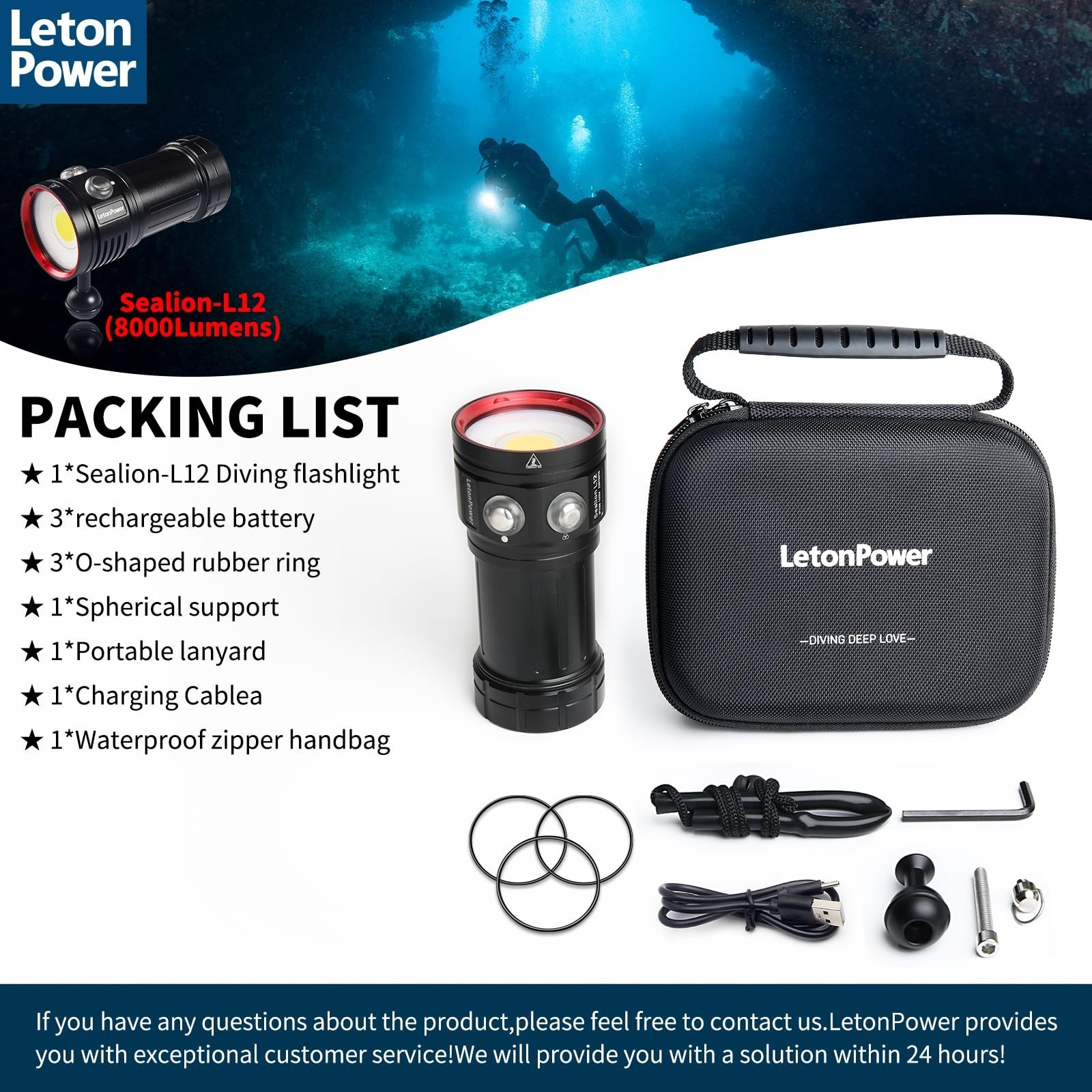 Diving Flashlight, L12 8000Lumens Dive Light,100m Underwater Video Light, Scu…