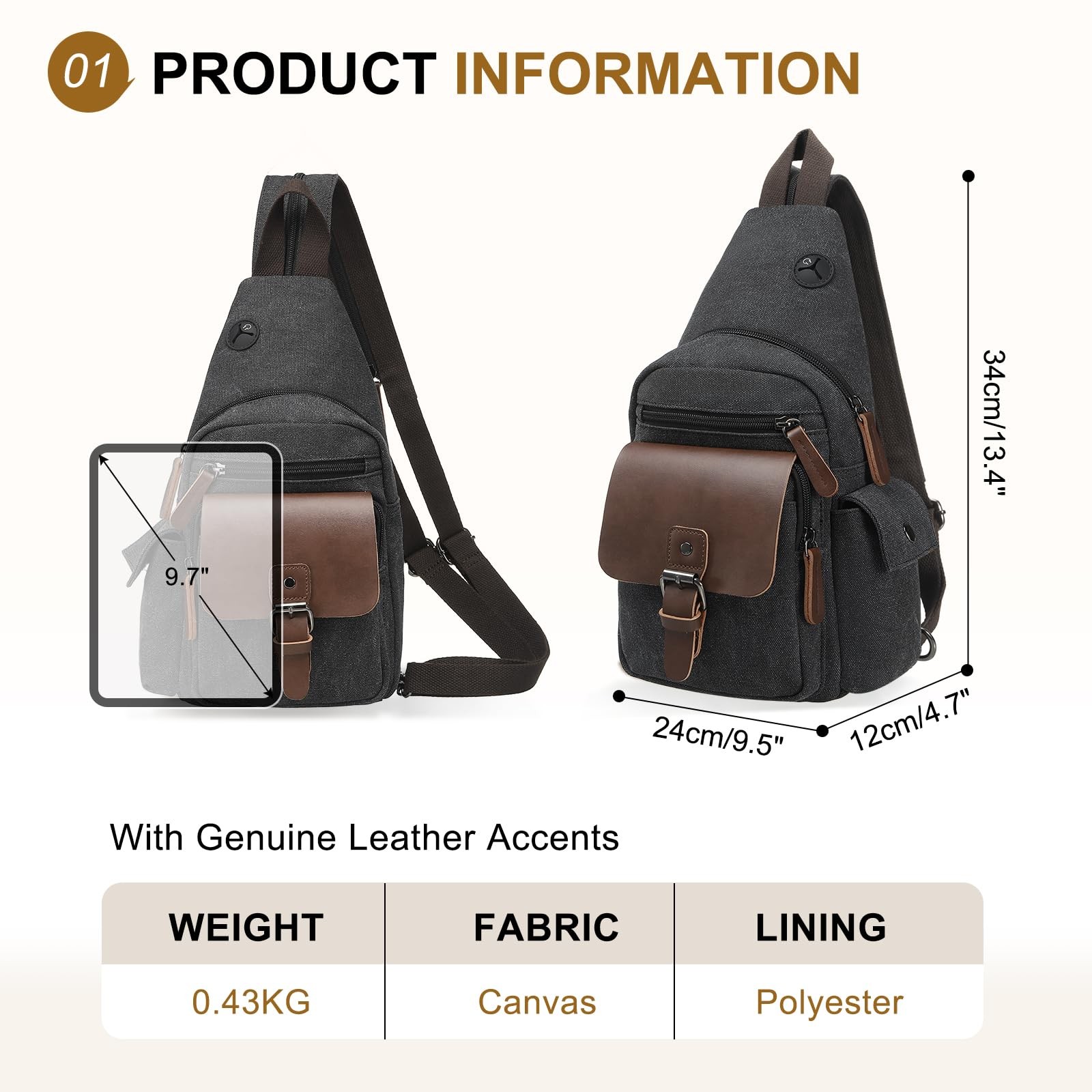 SUIKIHUM Canvas Sling Bag for Women 9.5×13.4×4.7 inches/24x12x34 cm, Black