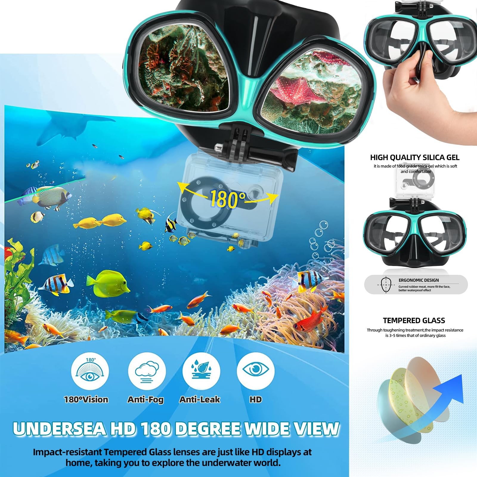Snorkeling Gear for Adults Youth, Nearsighted Anti-Fog Diving -3.0, Green