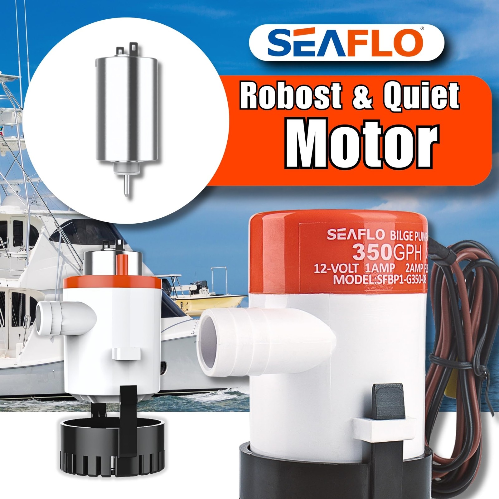 SEAFLO 01 Series 350 GPH Bilge Pump – 12V, 3/4″ Outlet, White, Orange, Black