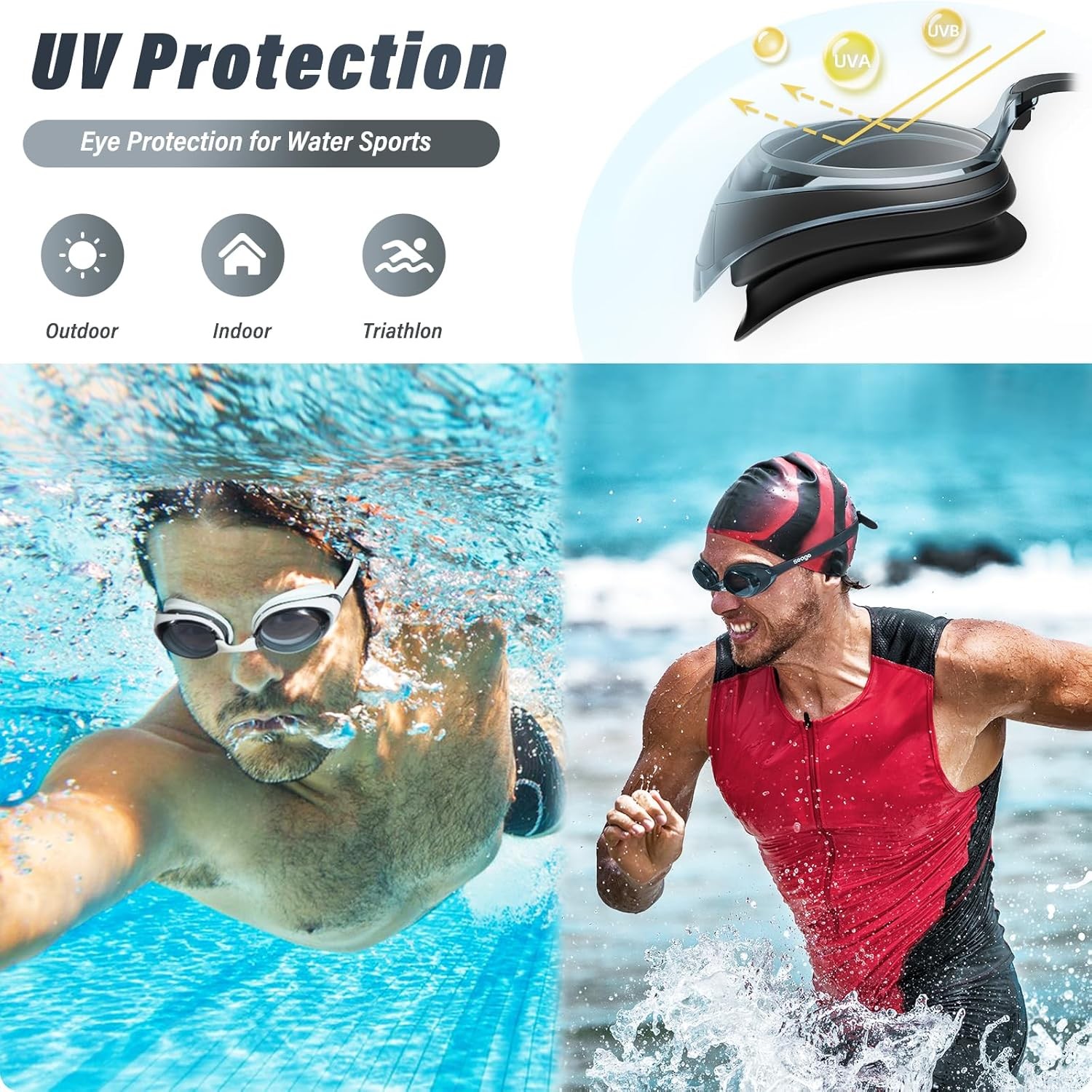 Seago 2 Pack Swimming Goggles Anti-fog Anti-UV Silicone Black & White