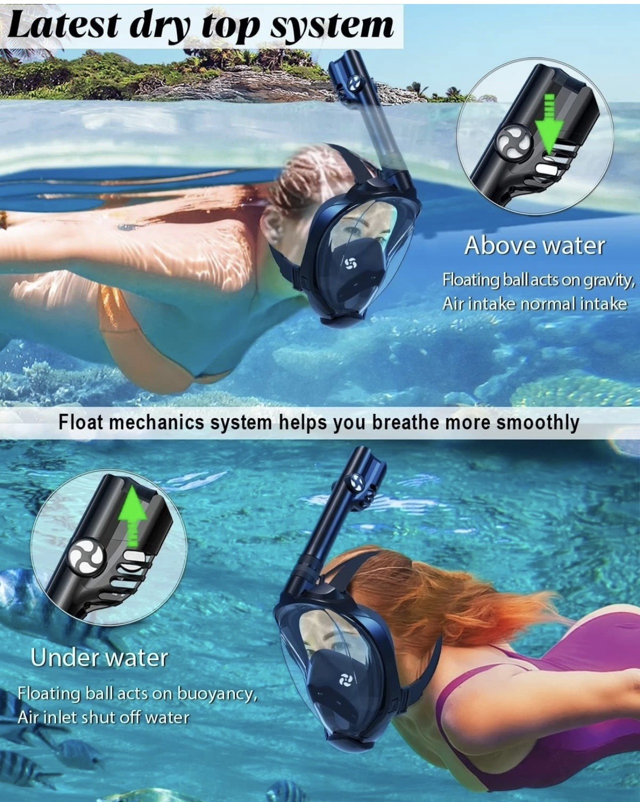 WSTOO Full Face Snorkel Mask Adult L/XL 180° Panoramic View w/ Camera Mount NEW