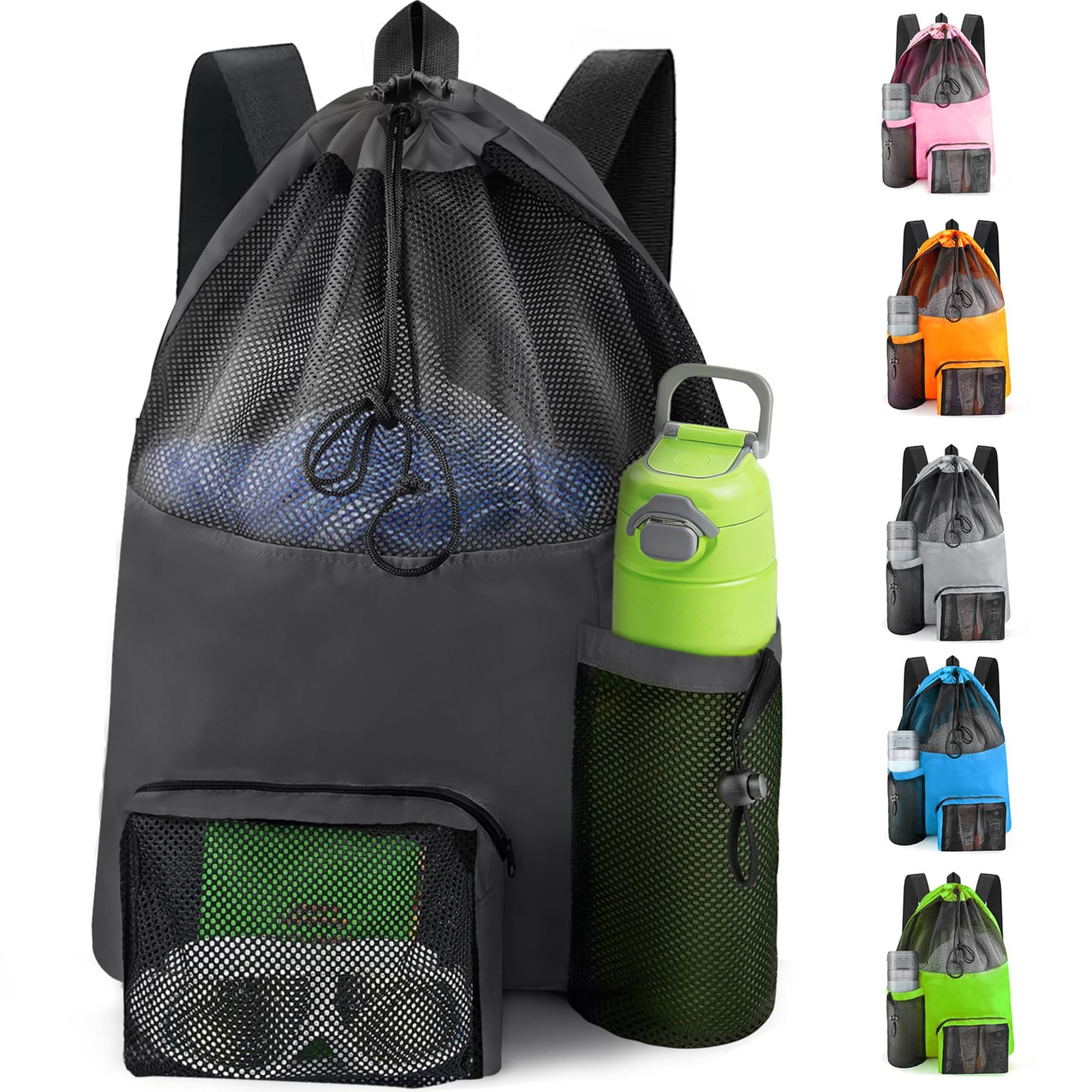 Mesh Swim Bag Beach Drawstring Backpack, Waterproof One Size, Ink Black