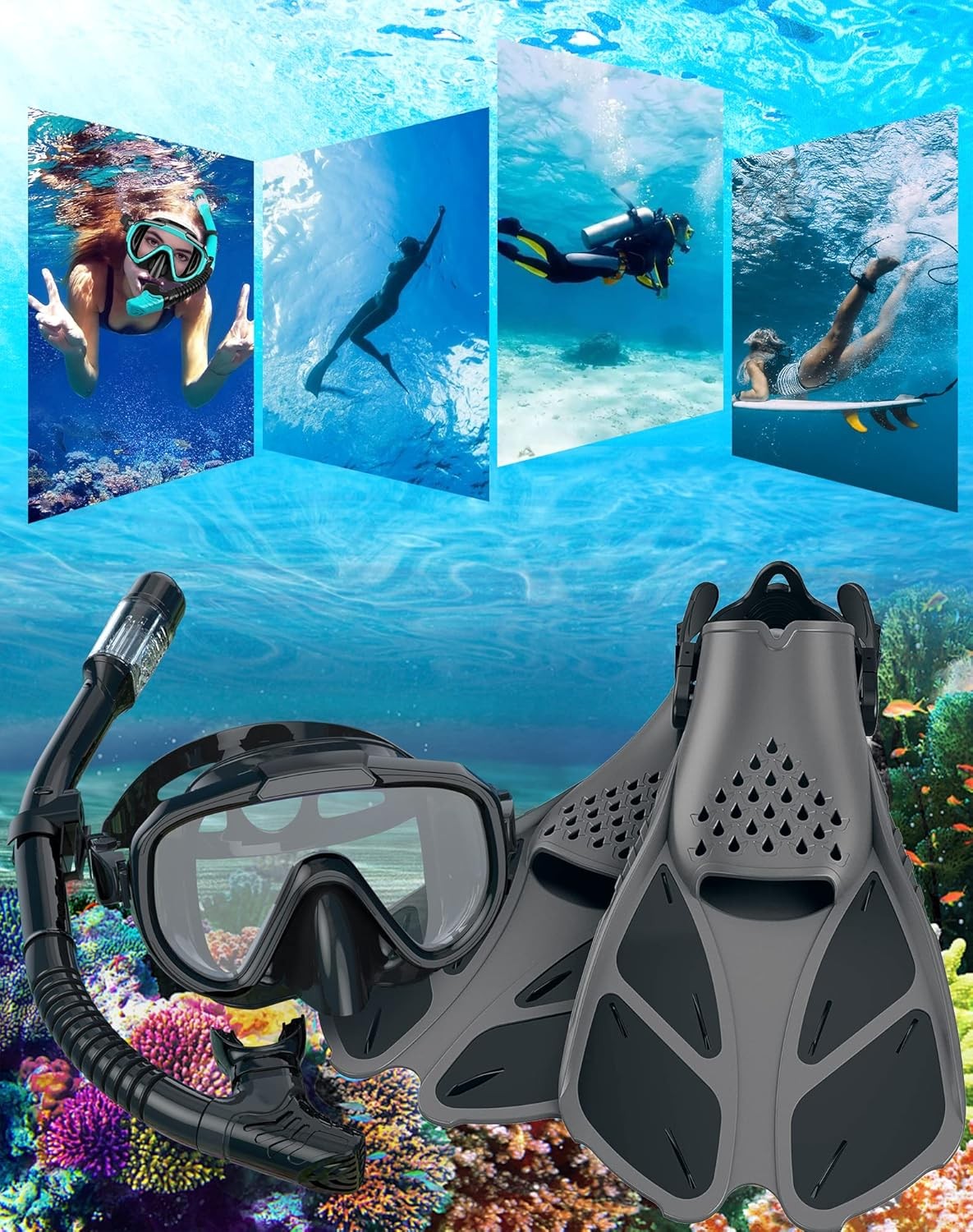 Ubekezele Snorkeling Gear for Adults Men Women,4 in 1 Snorkel Set with Panoramic