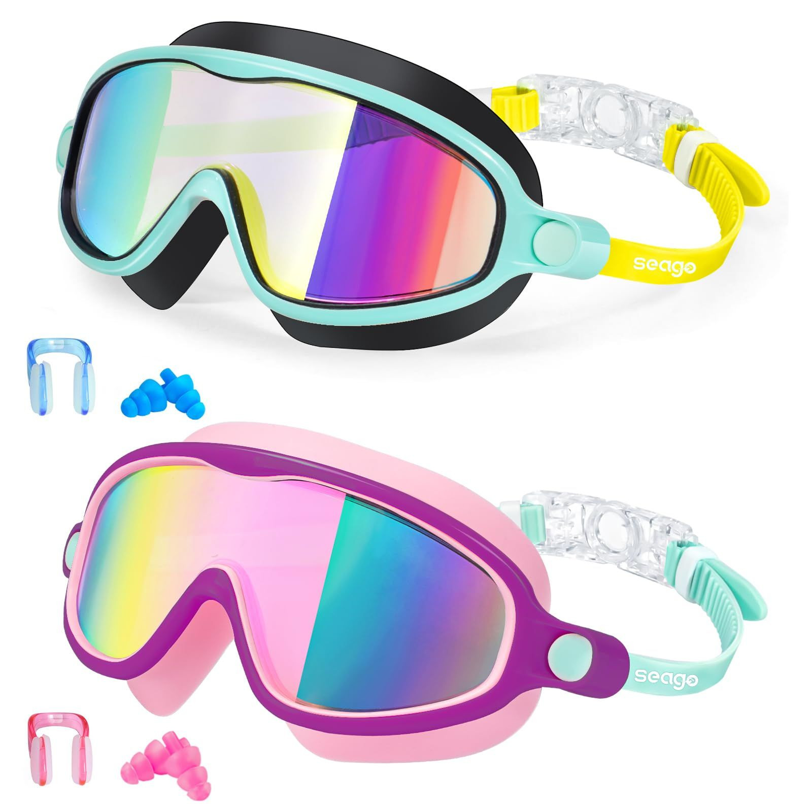 Kids Goggles for Swimming 2 One Size, Black Mirror Gold & Green Pink