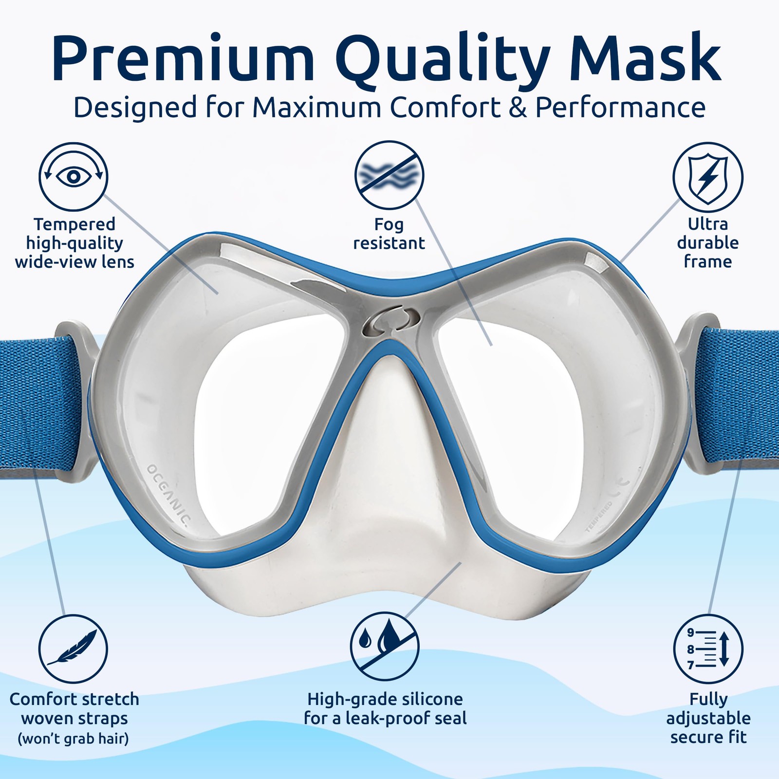 Oceanic Snorkel Set For Gear For Panoramic Wide View Tempered Glass Scuba