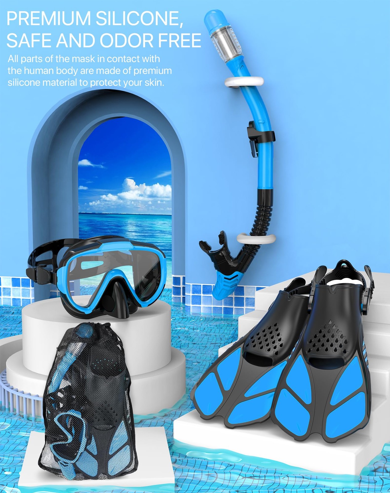 Ubekezele Snorkeling Gear for Adults Men Women,4 in 1 ML/XL, LightBlue