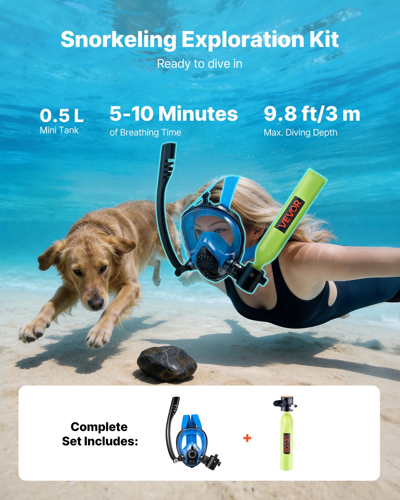 VEVOR Mini Scuba Tank 0.5L Portable Diving Lung Tank with Snorkel Mask 5-10 min