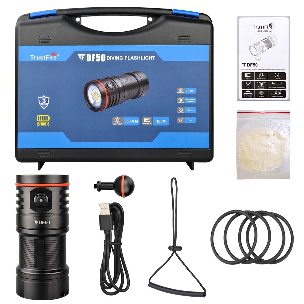 Trustfire DF50 6500lm Scuba Cave Diving LED Lights Video Camera Lamp 70M Depth