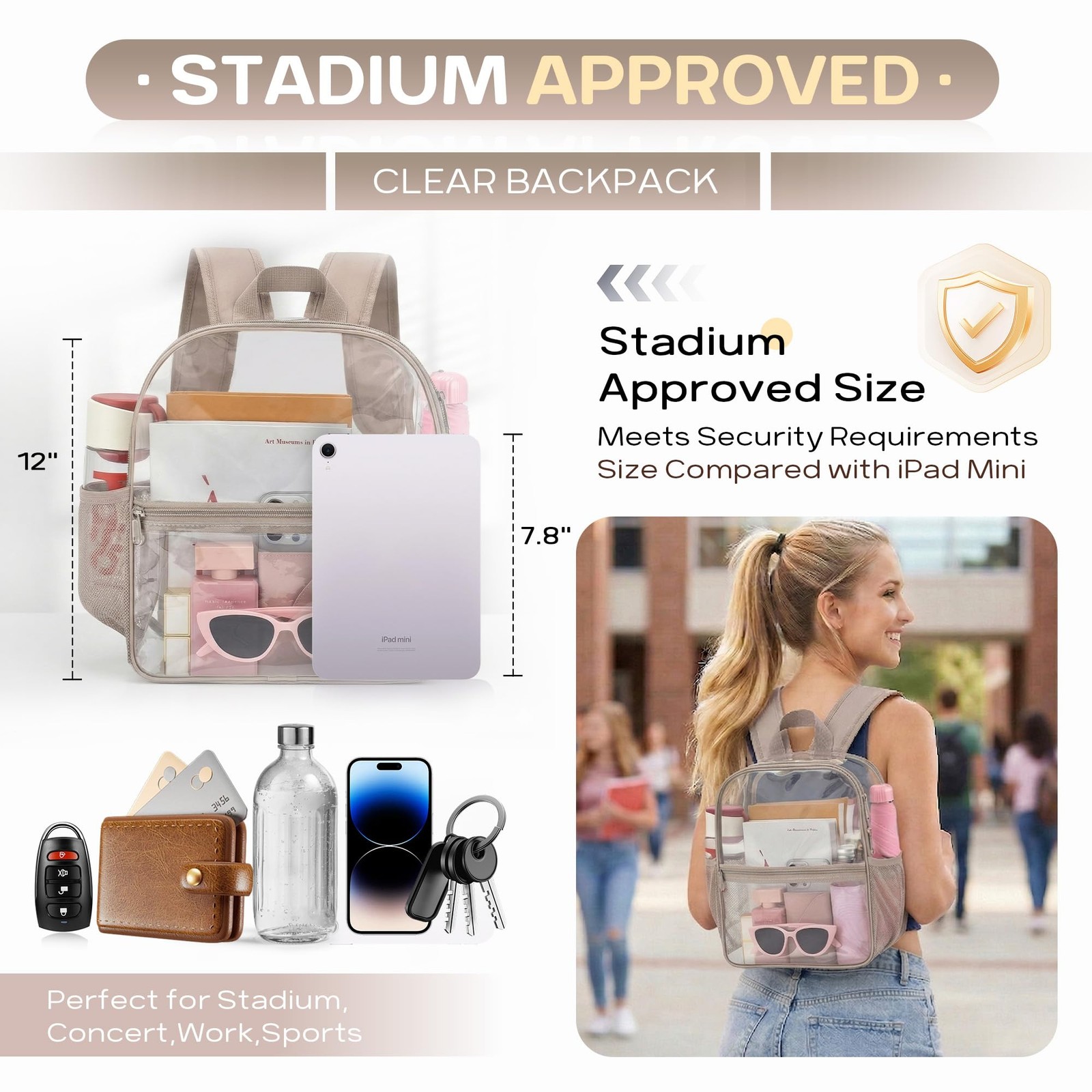 Oraben Clear Backpack Stadium Approved, 12 x 6 x 11 12 x 11 x 6 inches, Khaki