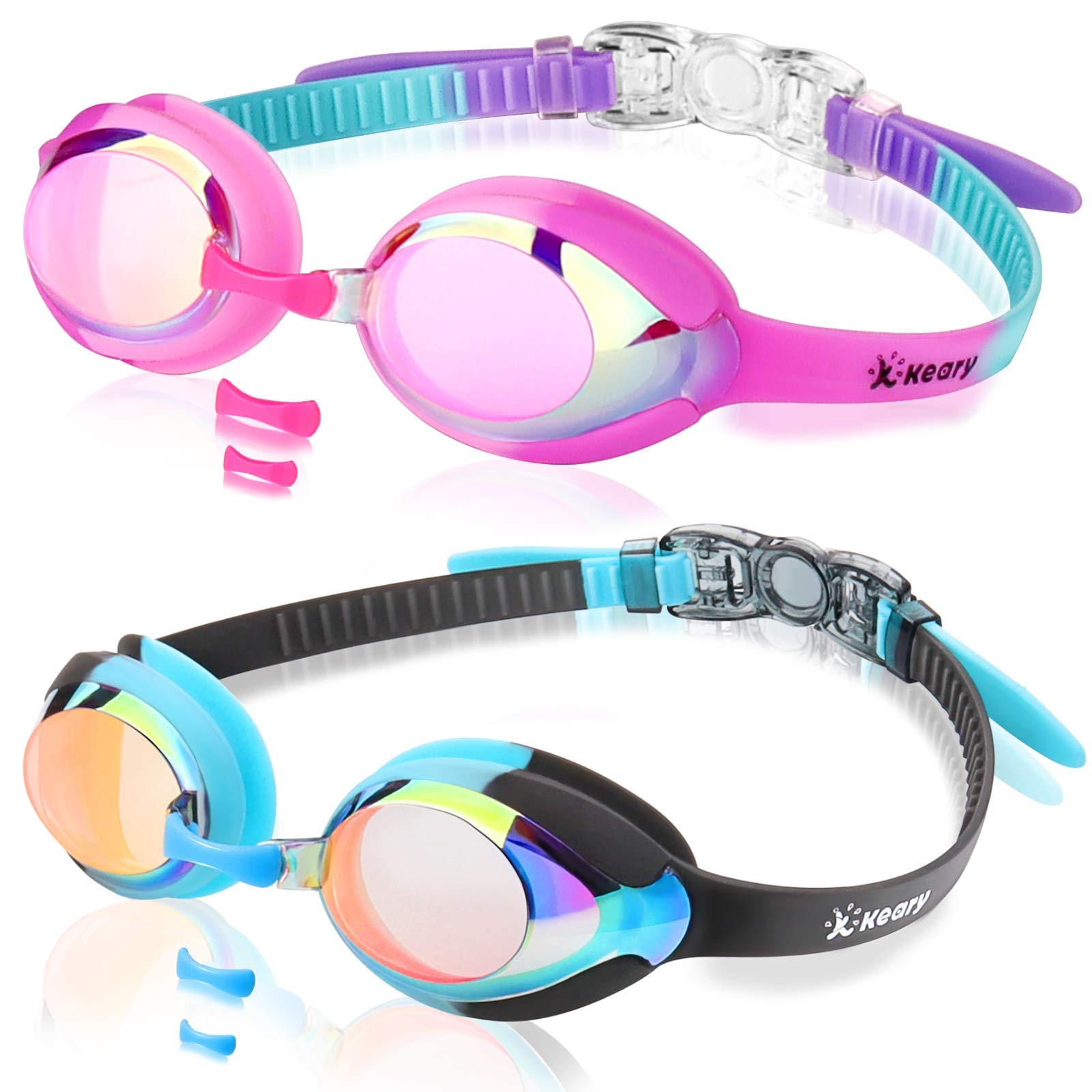 Keary 2 Pack Kids Swim Goggles Swimming 1, Mirrored Black & Pink(2 Pack)