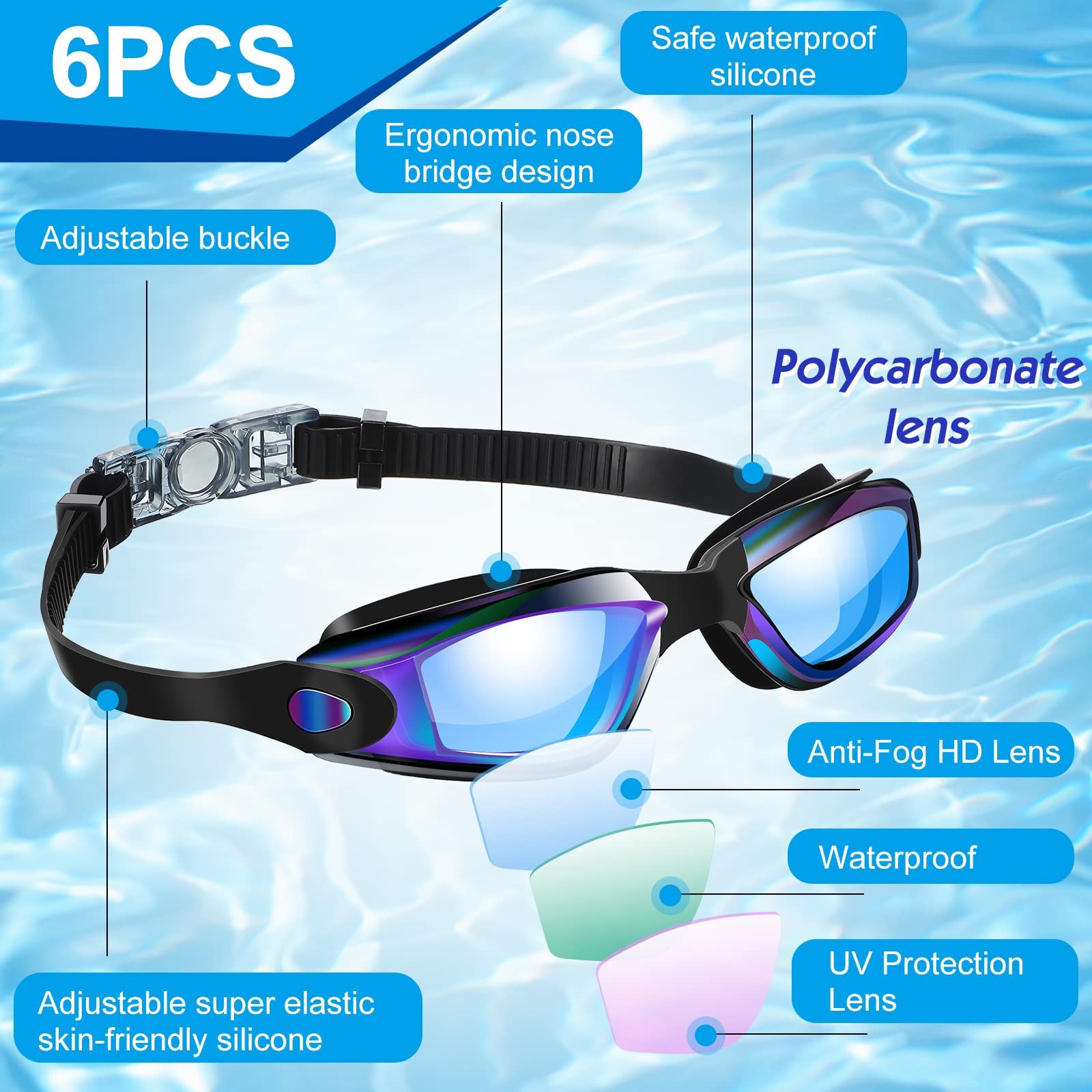 6 Pack Swim Goggles Antifog Swimming Equipment 6.3 X 1.6 Inches, Vivid Color