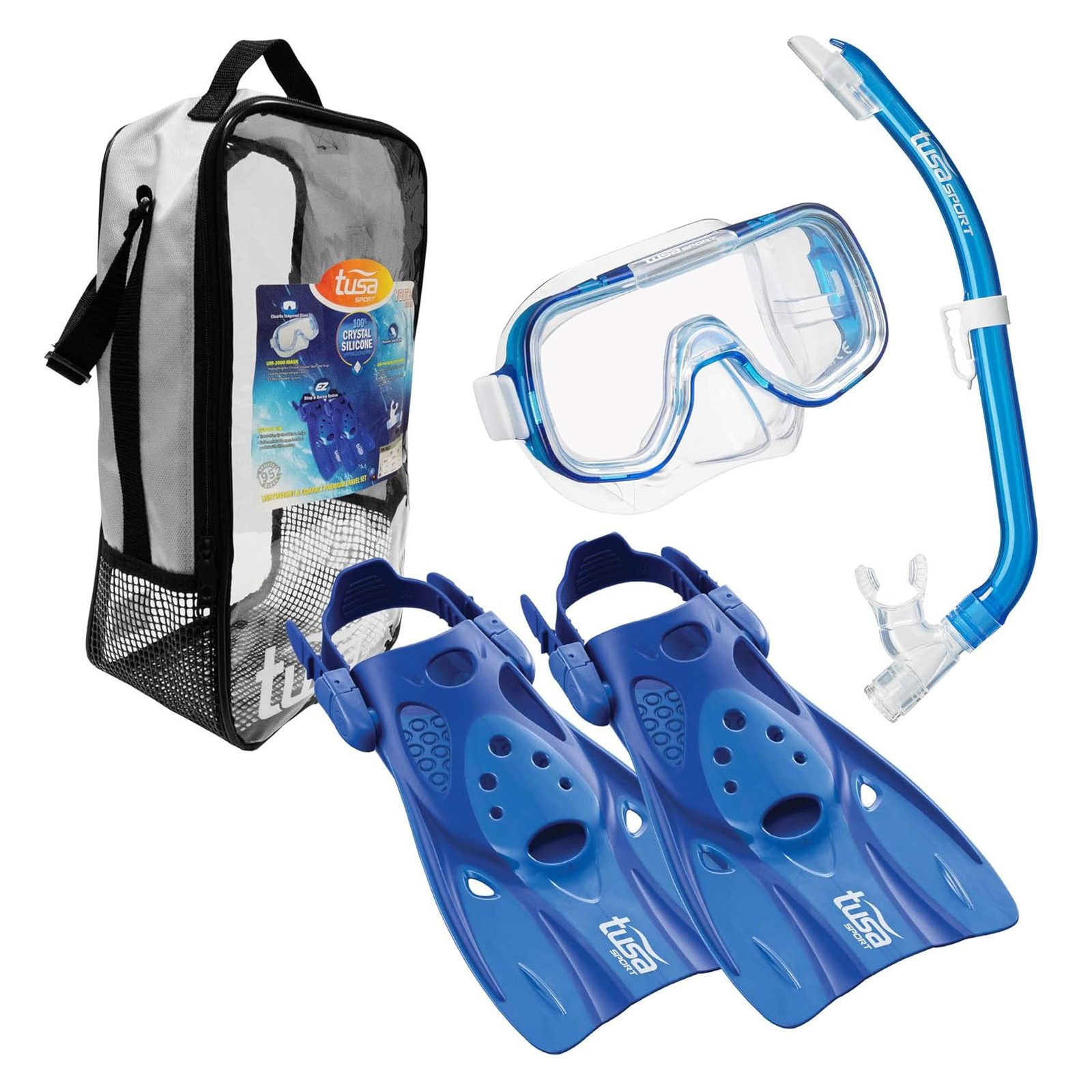 TUSA Mini-Kleio Hyperdry Youth Mask/Snorkel/Fins Blue Travel Set (UP-0201CB)