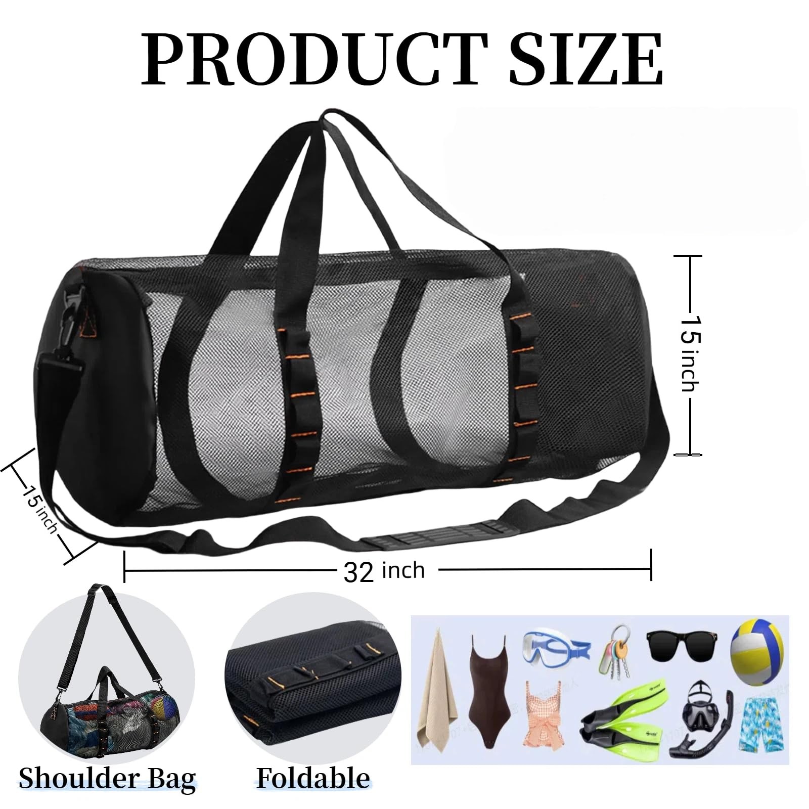 KOKKOYA Diving Scuba Surfing Snorkeling Dive Mesh Beach Bag 23 x 11 in, Black