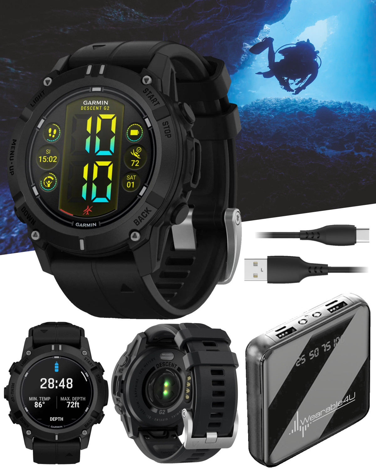 Garmin Descent G2 Watch-style Dive Computer Black/Black with Power Bank