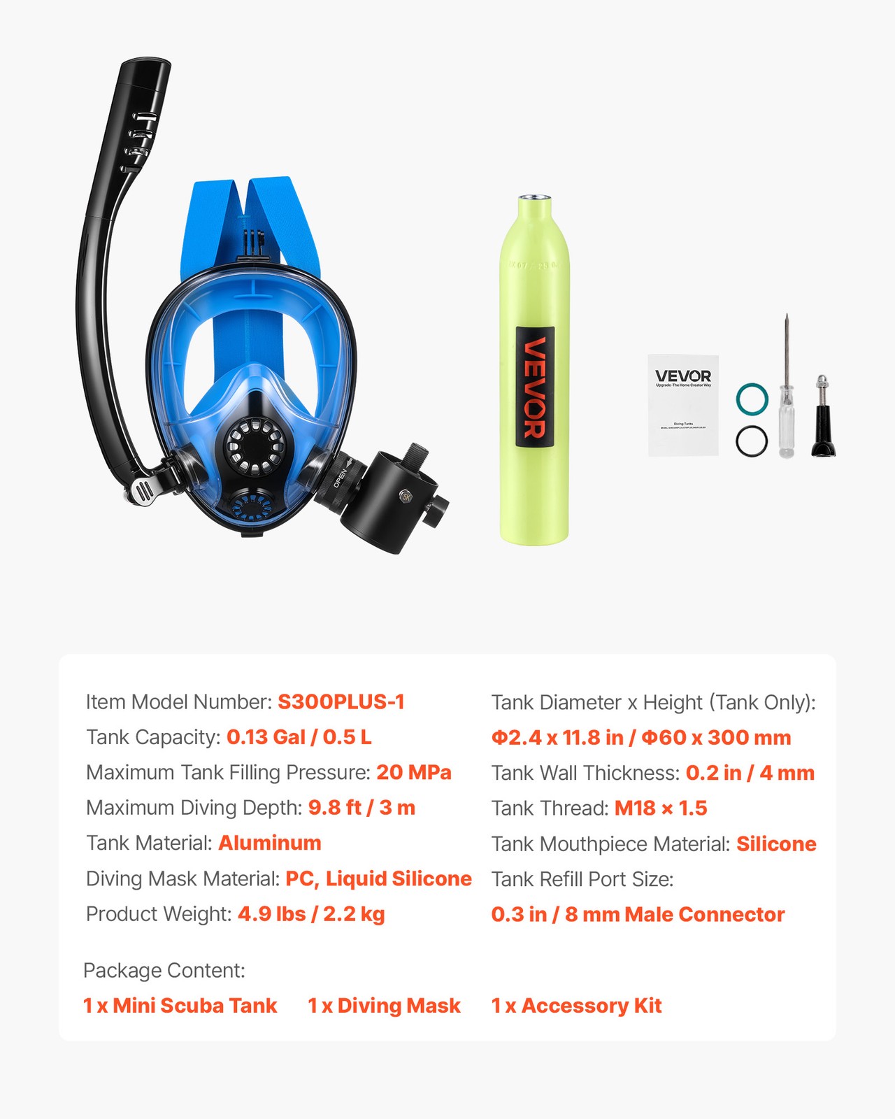 VEVOR Mini Scuba Tank 0.5L Portable Diving Lung Tank with Snorkel Mask 5-10 min