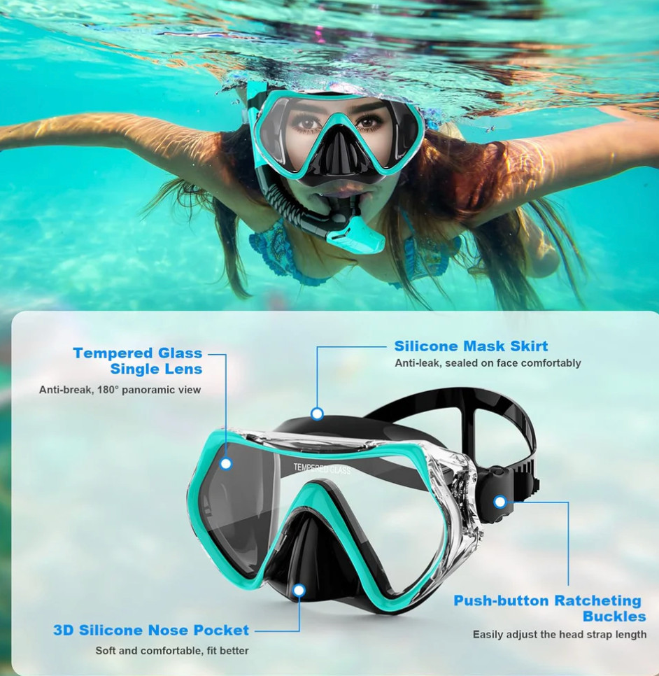 Adult Snorkel Set Mask Anti-Fog Panoramic Tempered Glass Diving Gear
