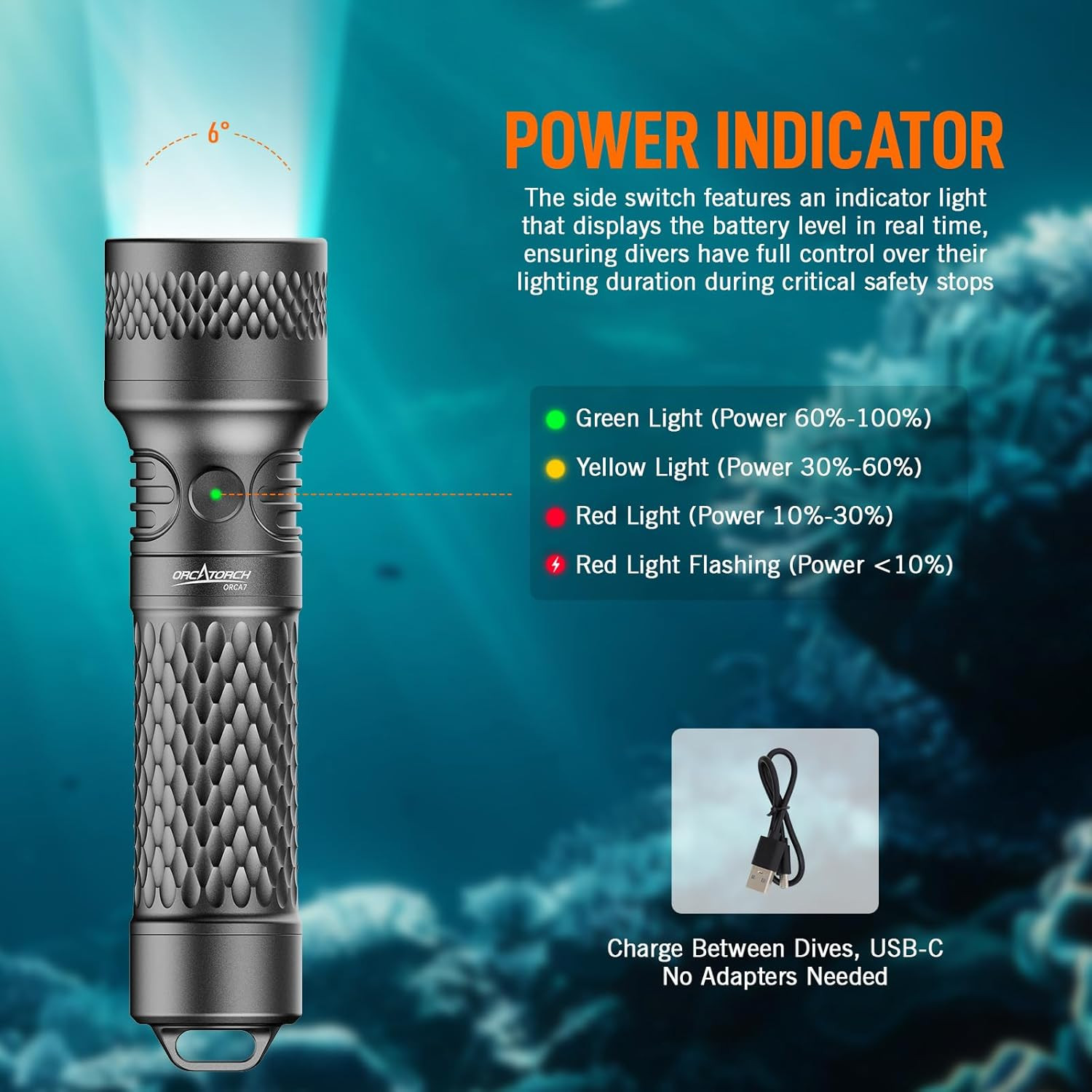 ORCA7 Dive Light, 3000 Lumens SOS Signal Scuba Diving Flashlight, 6° Narrow Beam