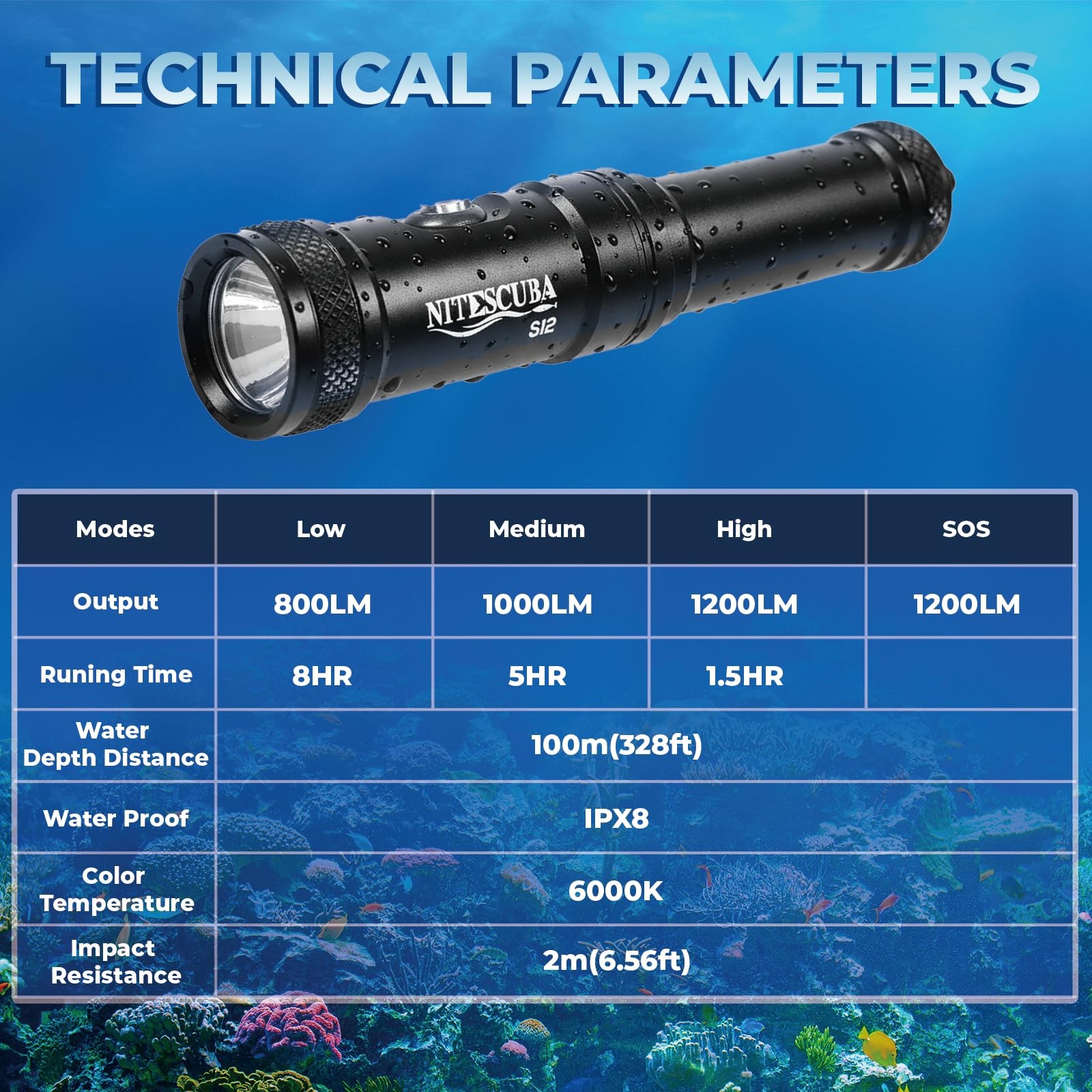 Scuba Diving Flashlight Dive Lights Torch 1200 Lumen Underwater 100m Black