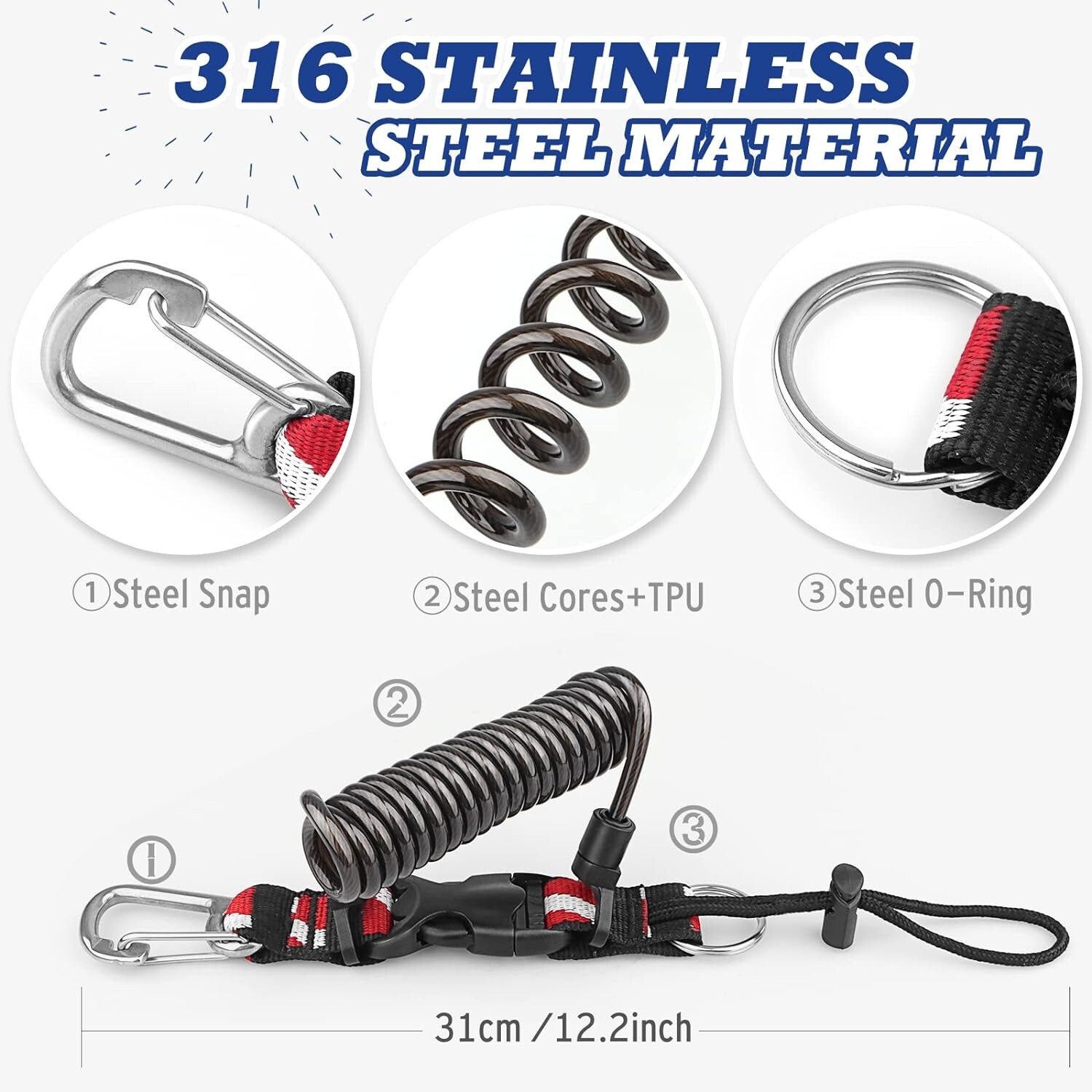 Scuba Diving Lanyard, Heavy Duty Stainless Steel Spring Coiled Lanyard with Q…