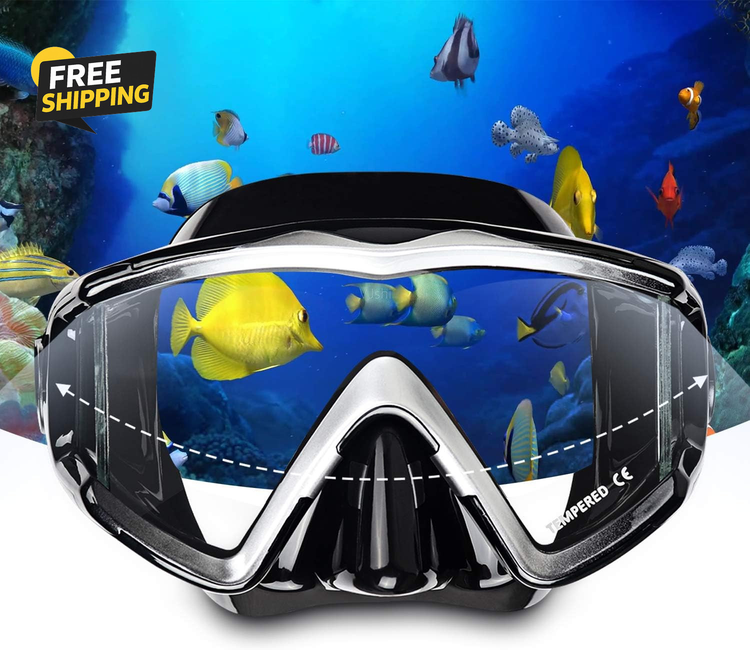 Adult Pano 3 Scuba Diving Mask, Tempered Glass Snorkel Mask Anti-Fog Swim