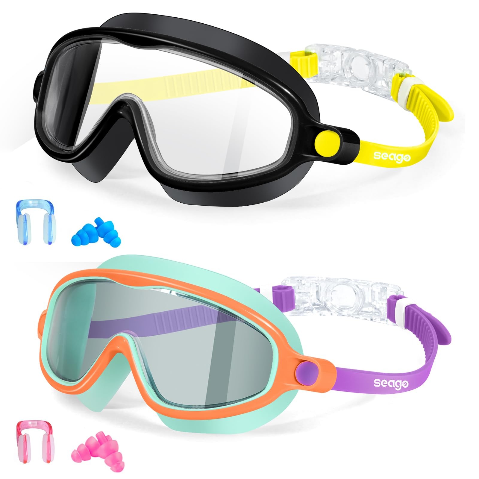 Kids Goggles for Swimming 2 Pack No One Size, Black Yellow & Purple Green