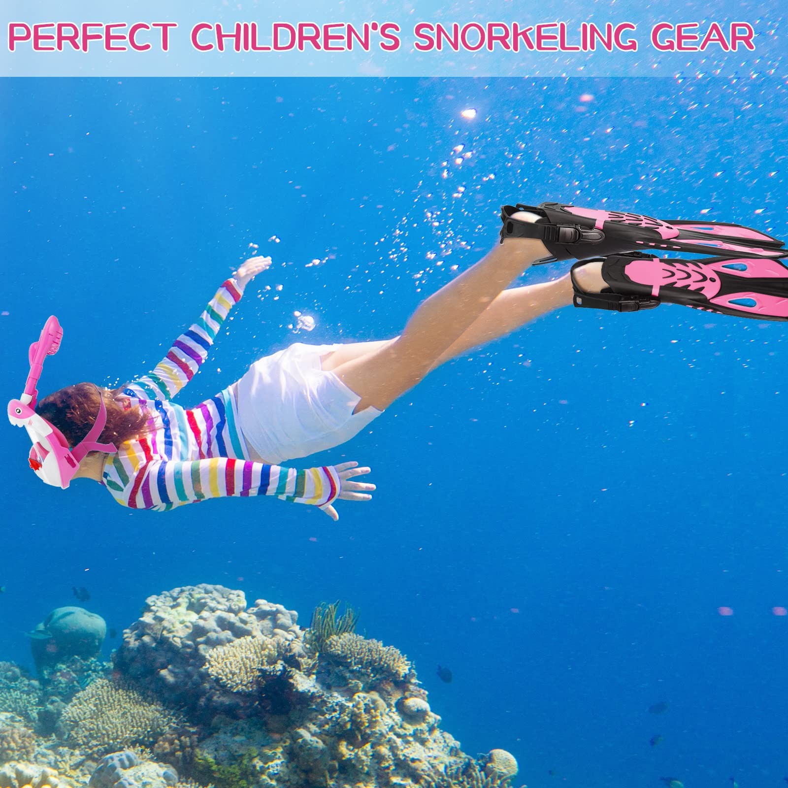2 Pcs Full Face Snorkel Mask for Kids with Adjustable Swim Fins 180 Degree Pa…