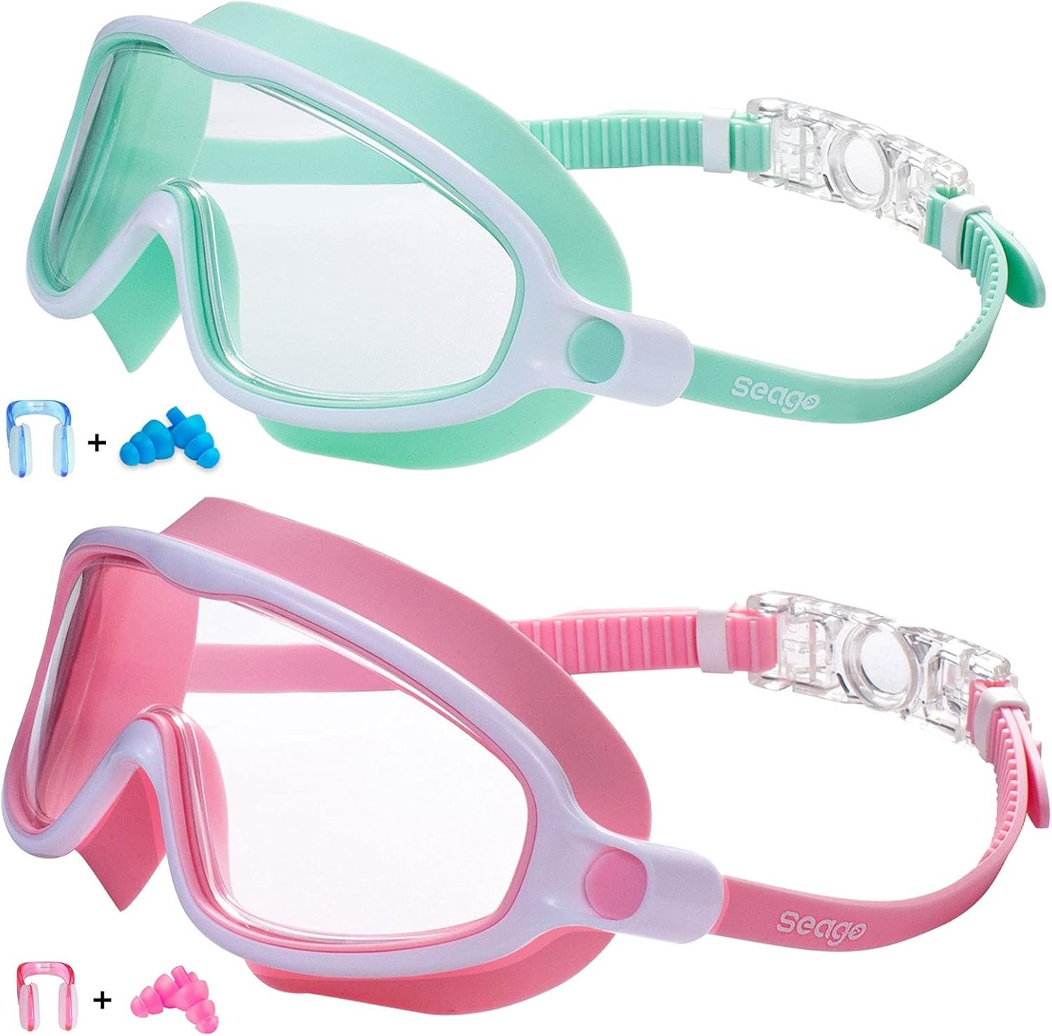 Seago Swim Goggles 2 Pack Anti-Fog Anti-UV Wide View Light Green & Pink