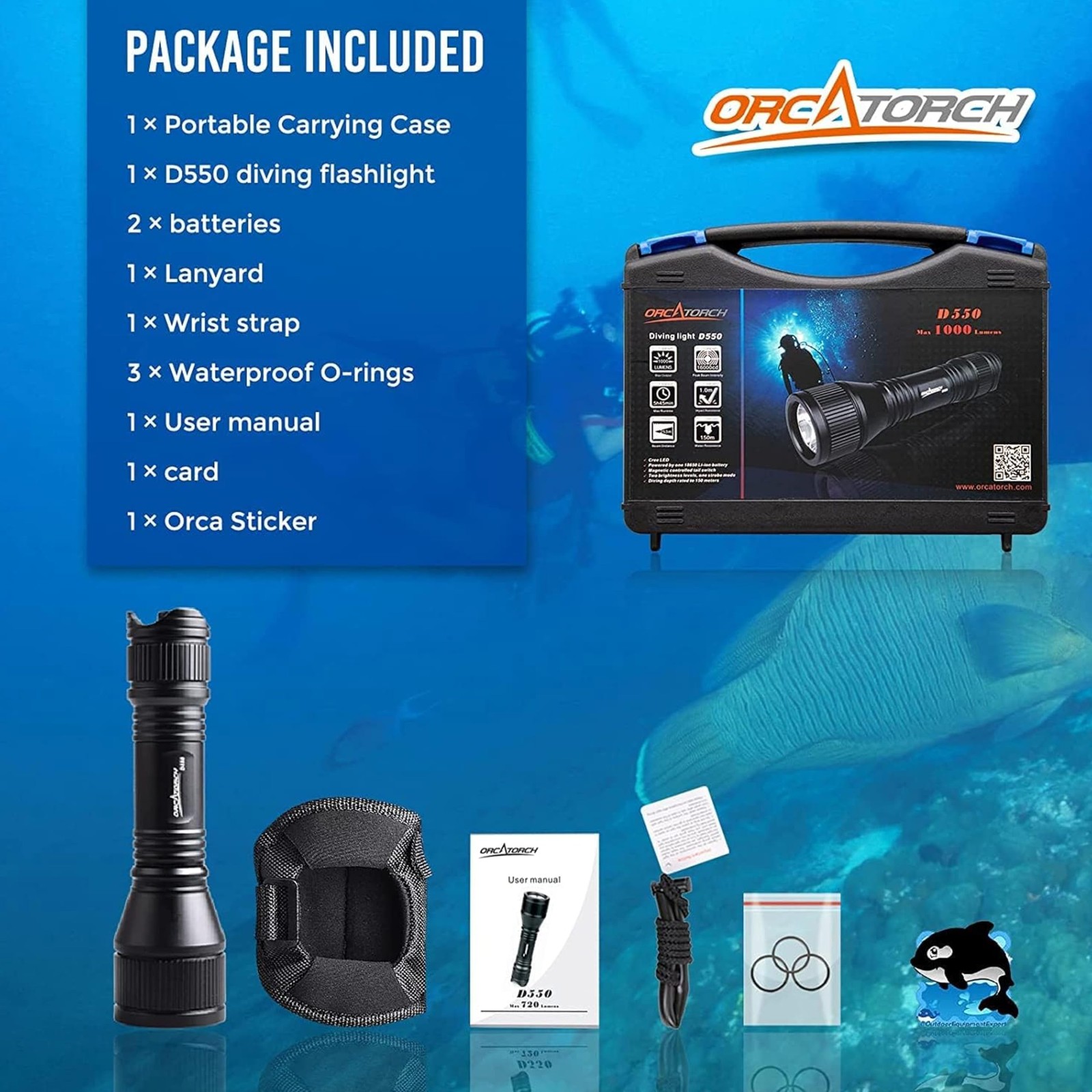 Orcatorch D550 Dive Light 1000 Lumens Scuba Diving Flashlight 3 Modes Ip68