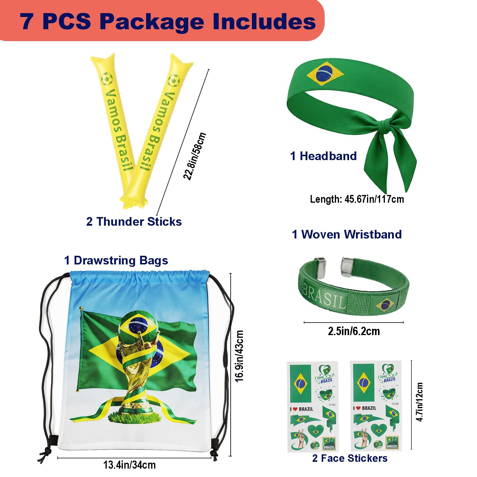 KINFAVOU 2026 World Cup Brazil Soccer Fan Gear Set, 7-Piece One Size,