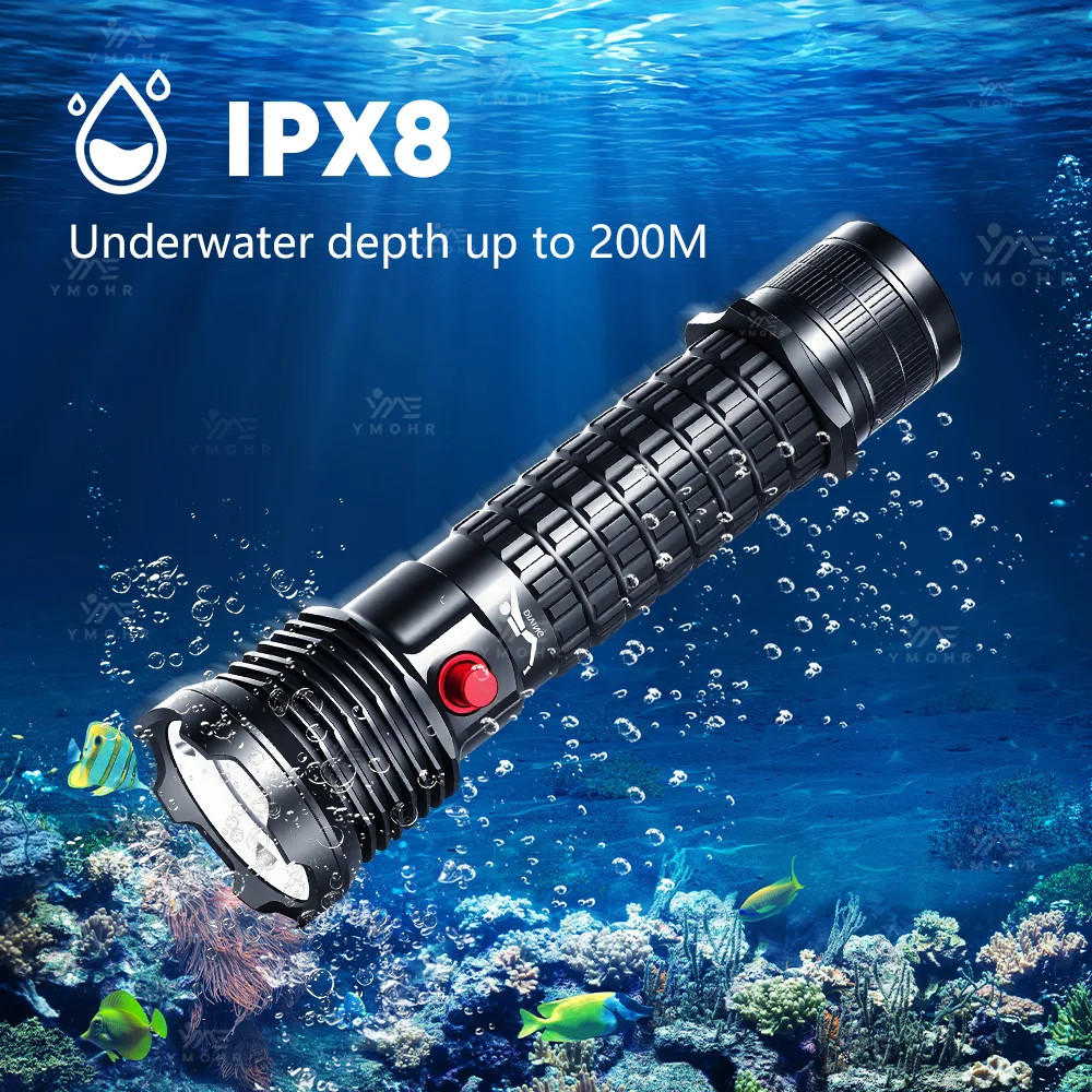 IPX8 Waterproof Diving Flashlight 3000LM Aluminum Dive Torch USB Rechargeable