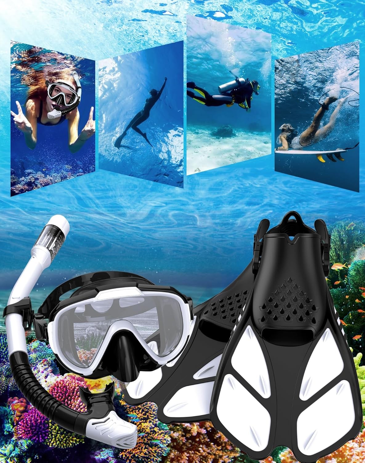 Snorkeling Gear for Adults Men Women,4 in 1 Snorkel Set with ML/XL, WHITE