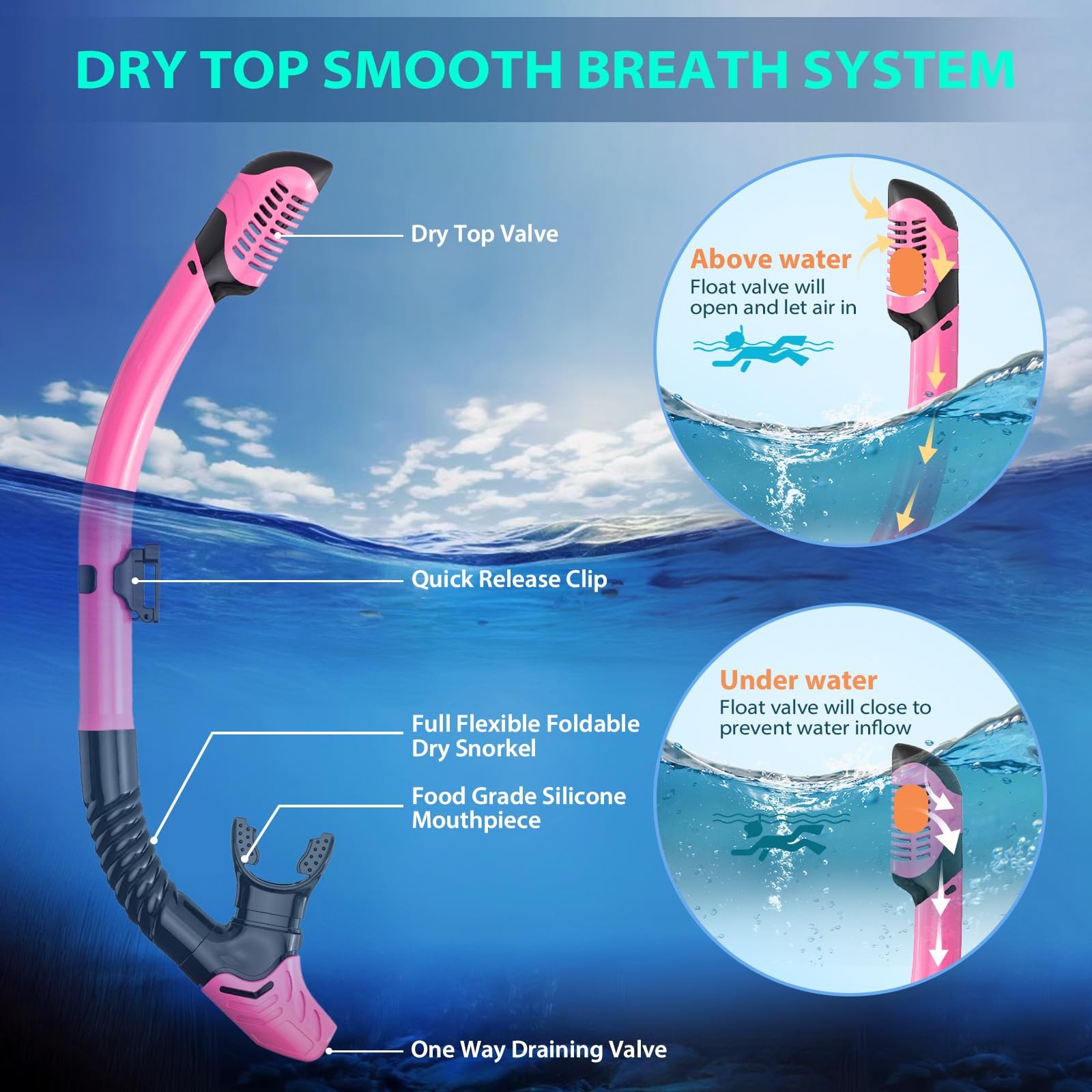 Snorkeling Gear for Adults, Mask Fin Snorkel Set, Dry Top Small-Medium, Pink