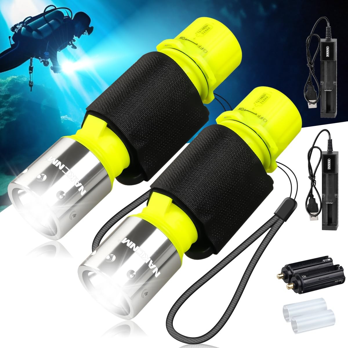 NAKCNM WishDeal 2 Pack Diving Flashlight Underwater LED Scuba Dive Yellow