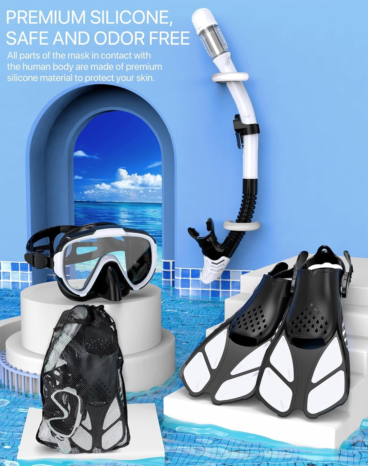 Snorkeling Gear for Adults Men Women,4 in 1 Snorkel Set with ML/XL, WHITE
