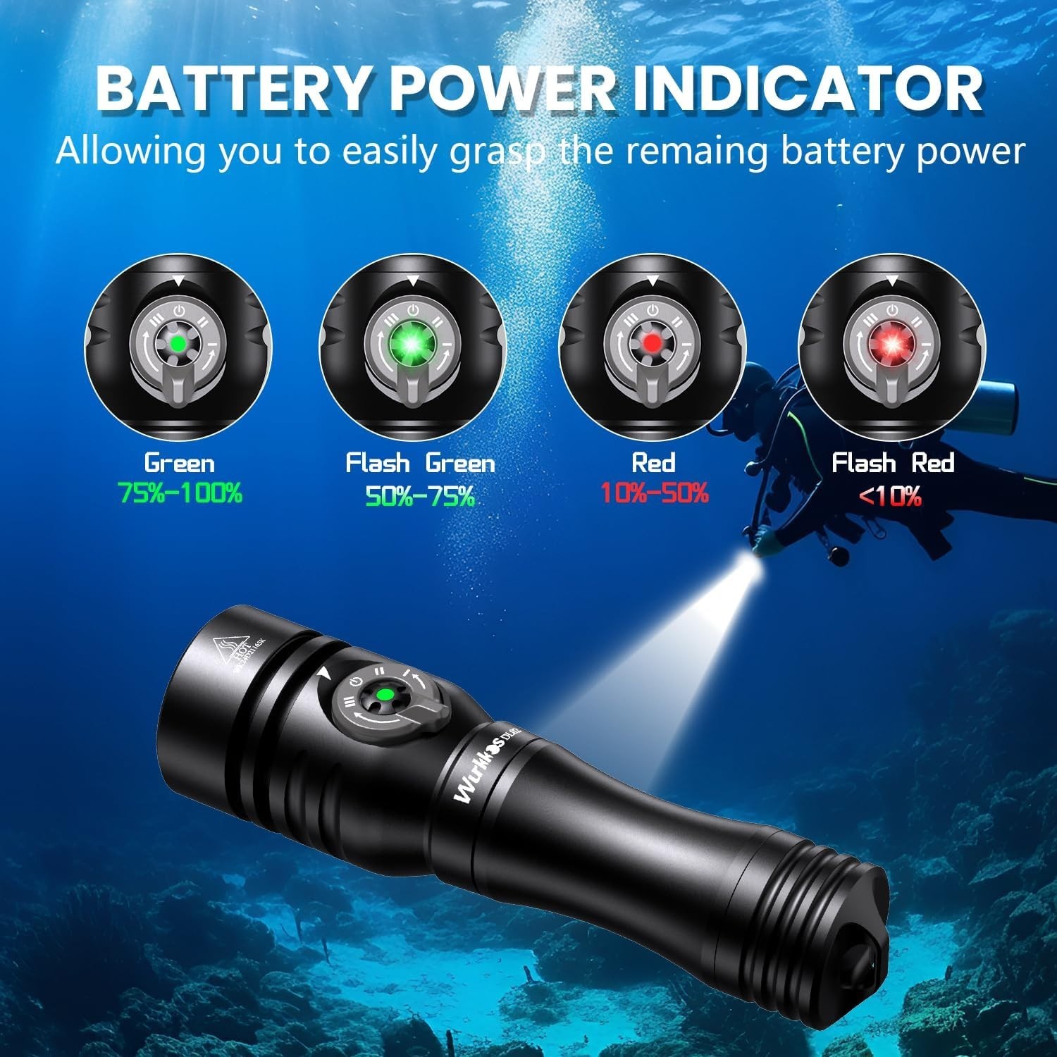 DL02 Scuba Diving Light,3000 Lumens 6500K Dive Light with Rotary Magnetic Switch