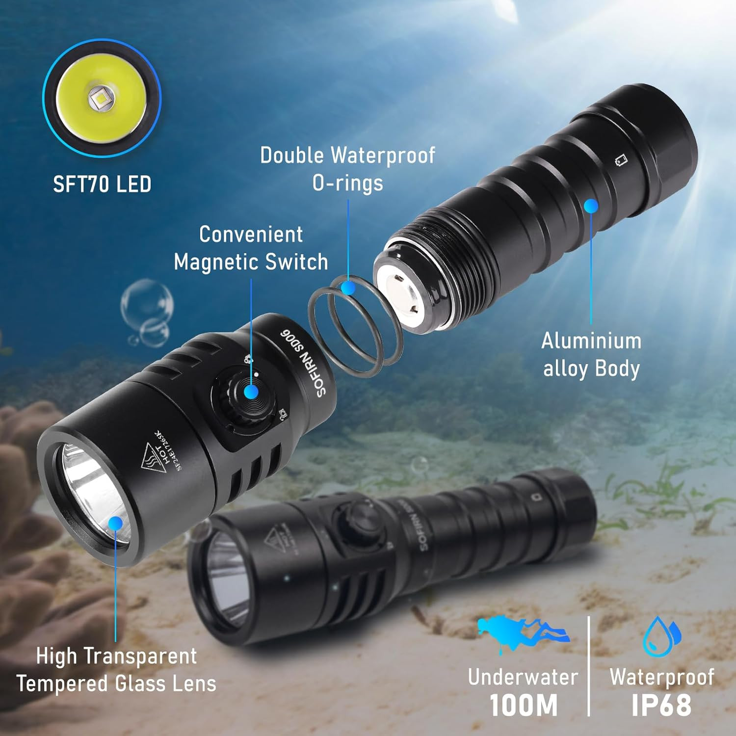 3200 Lumens SD06 Scuba Diving Flashlight, 472m Bright Waterproof Light