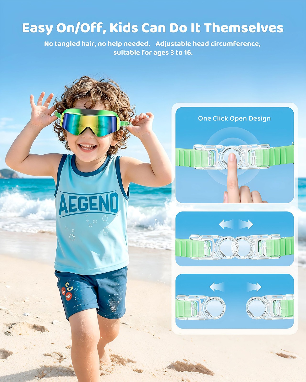 Aegend Kids Swim One Size, Black/Emerald Green+black-iridescent Gold Plated