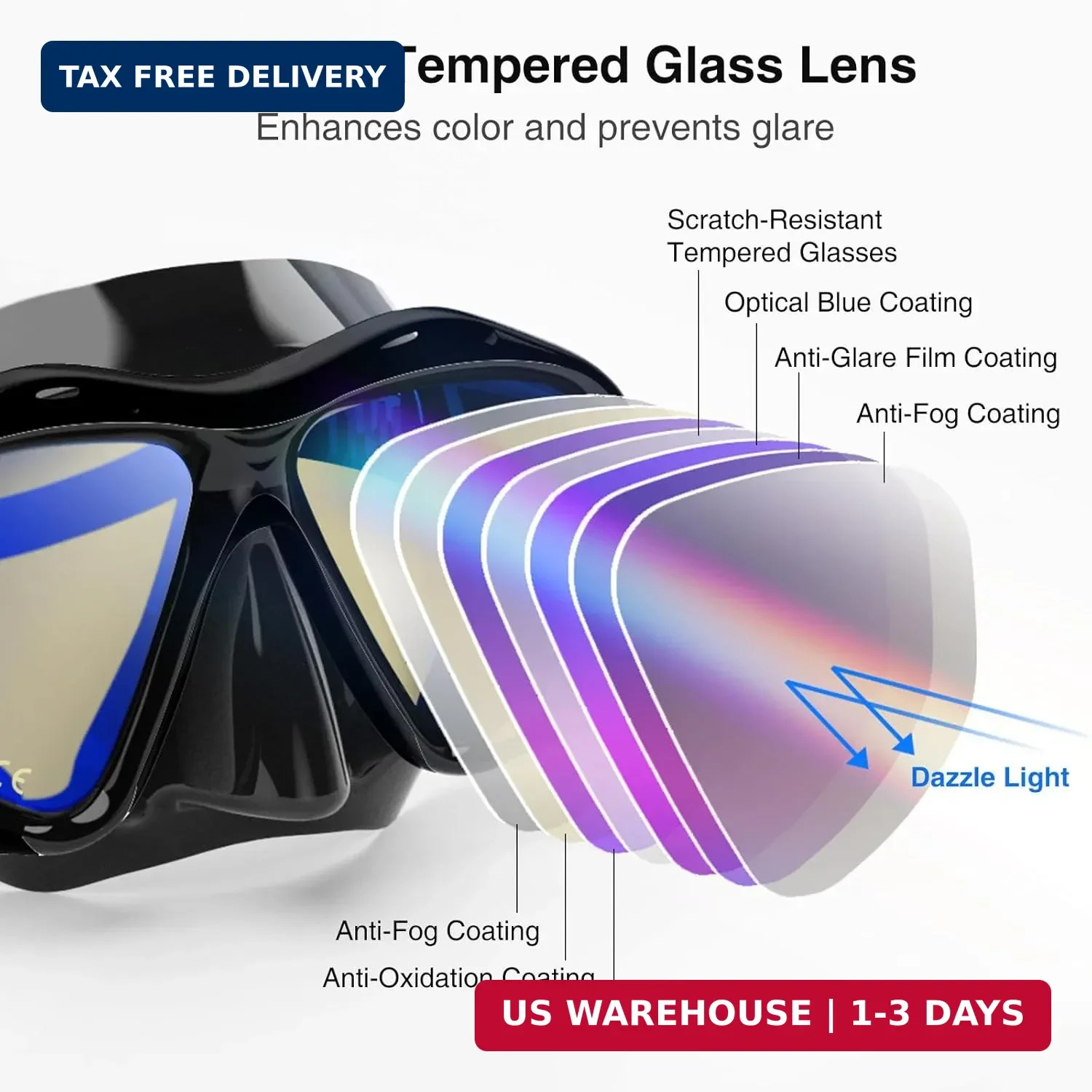 Snorkeling Gear for Adults, Snorkel Mask With Mirrored Tempered Glass Lens 180°
