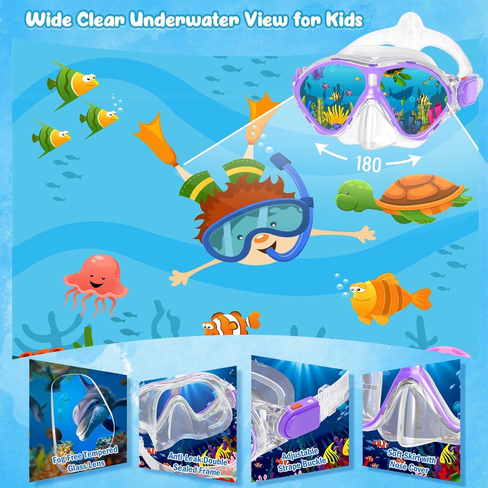 Seovediary Kids Snorkel Set Mask Fins Snorkeling Gear For Kids Anti-Fog Swim