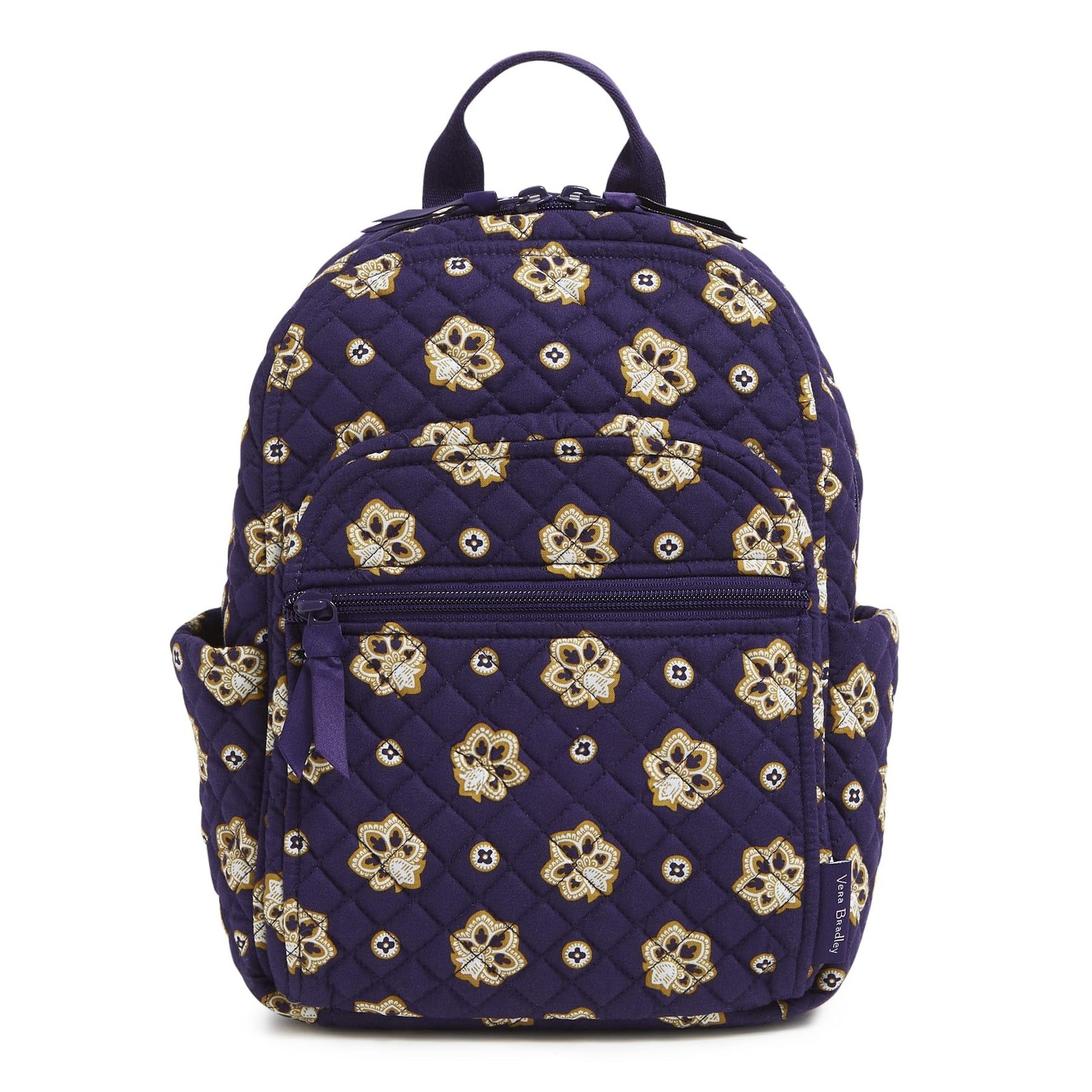 Vera Bradley Premium Cotton Small Backpack, One Size, Navy Purple and Gold
