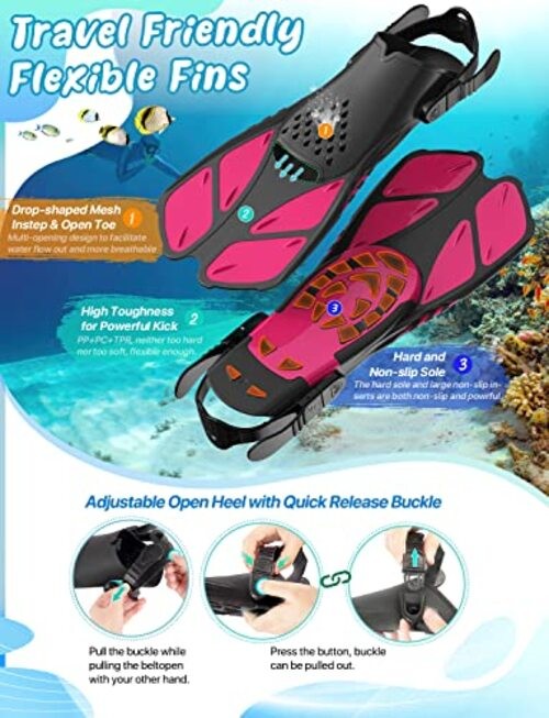 Mask Fins Snorkel Set, Snorkeling Gear for Adults, Small-Medium Pink Black