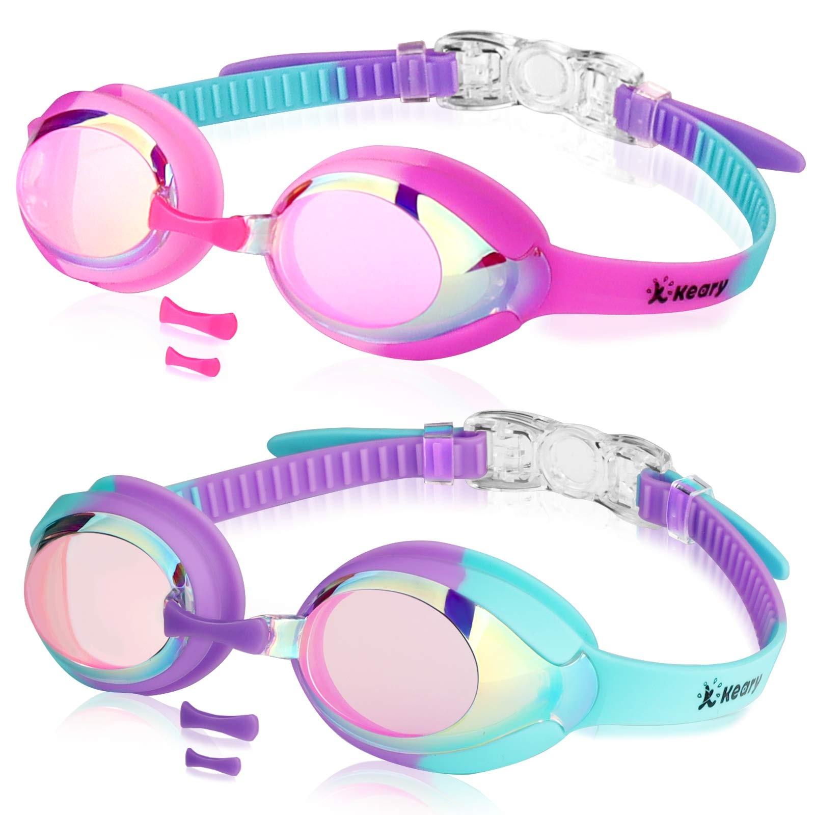 Keary 2 Pack Kids Swim Goggles Swimming 1, Mirrored Purple & Pink(2 Pack)