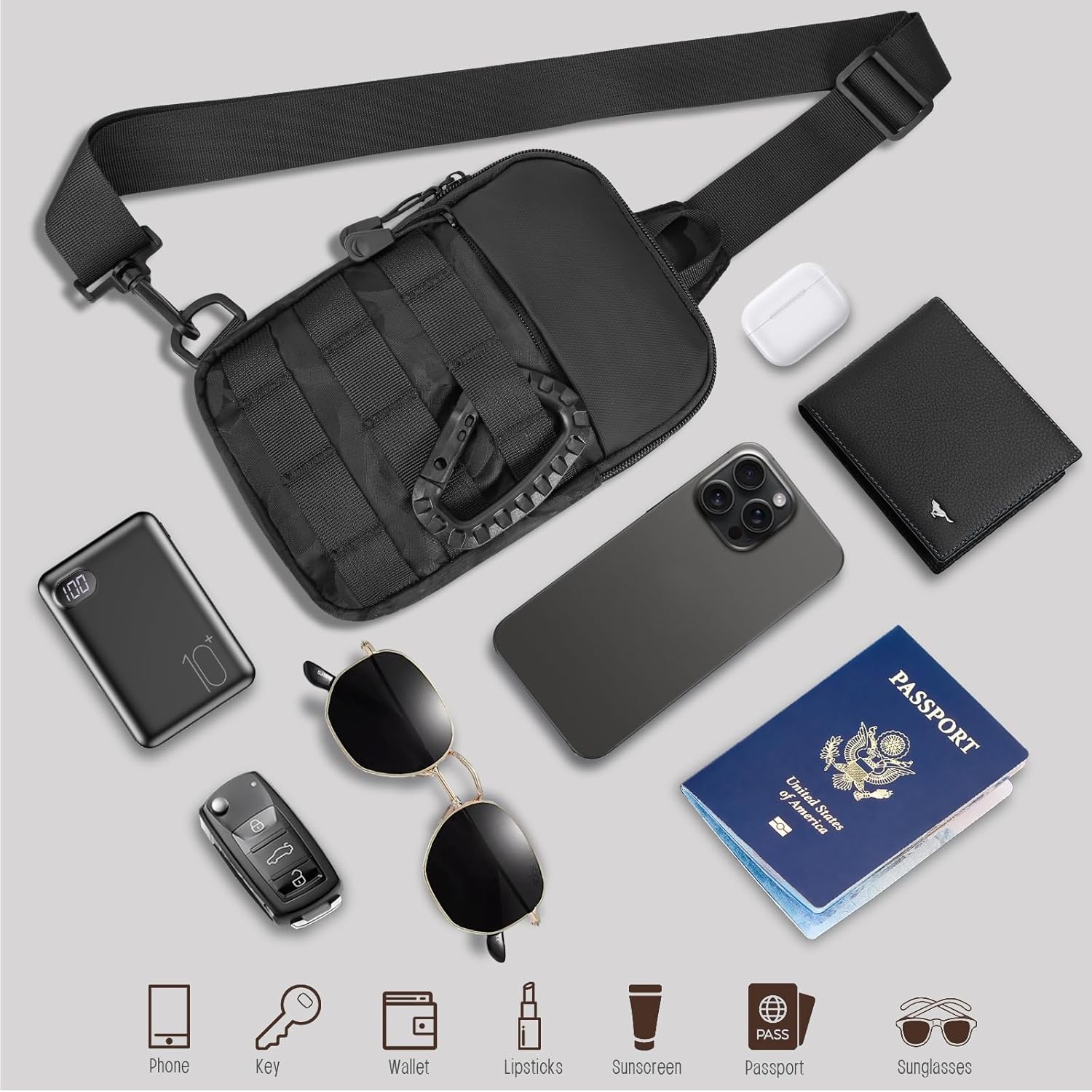 Small Sling Bag for Men, Tactical Inspired Waterproof Utility EDC Black Camo