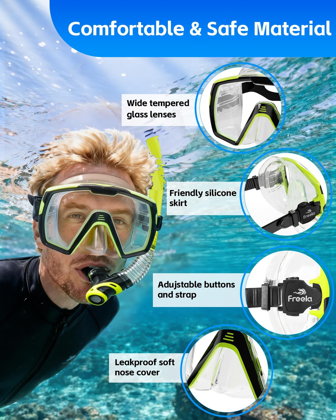 Freela Adult Dry Snorkel Set Scuba Diving Mask with Nose Cover, Safety Temper…